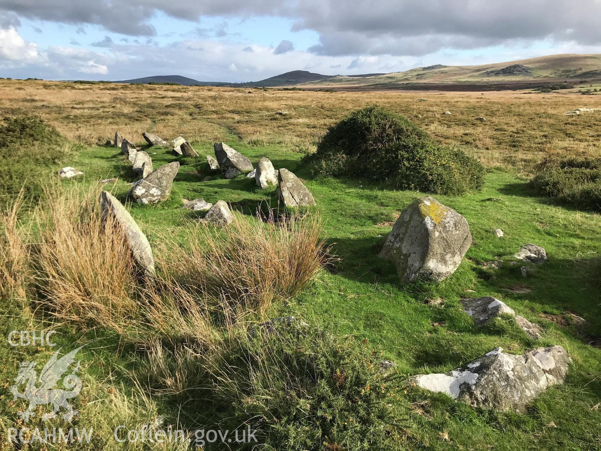 Digital colour photograph showing Bedd-yr-Afanc long cairn, Eglwyswrw, taken by Paul Davis on 22nd October 2019.