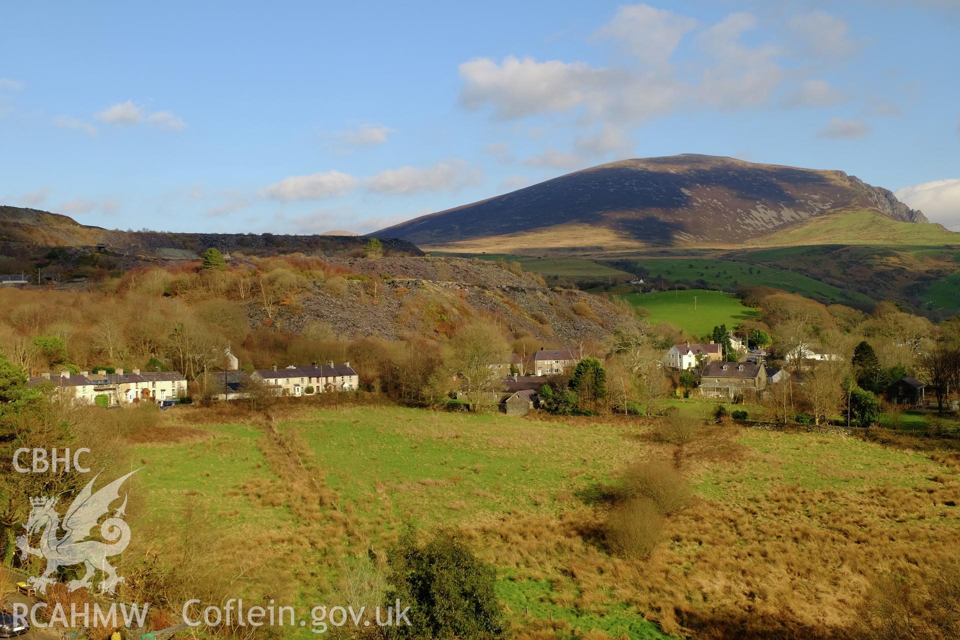 Colour photograph showing view of Nantlle village looking east towards Snowdon, produced by Richard Hayman 9th February 2017