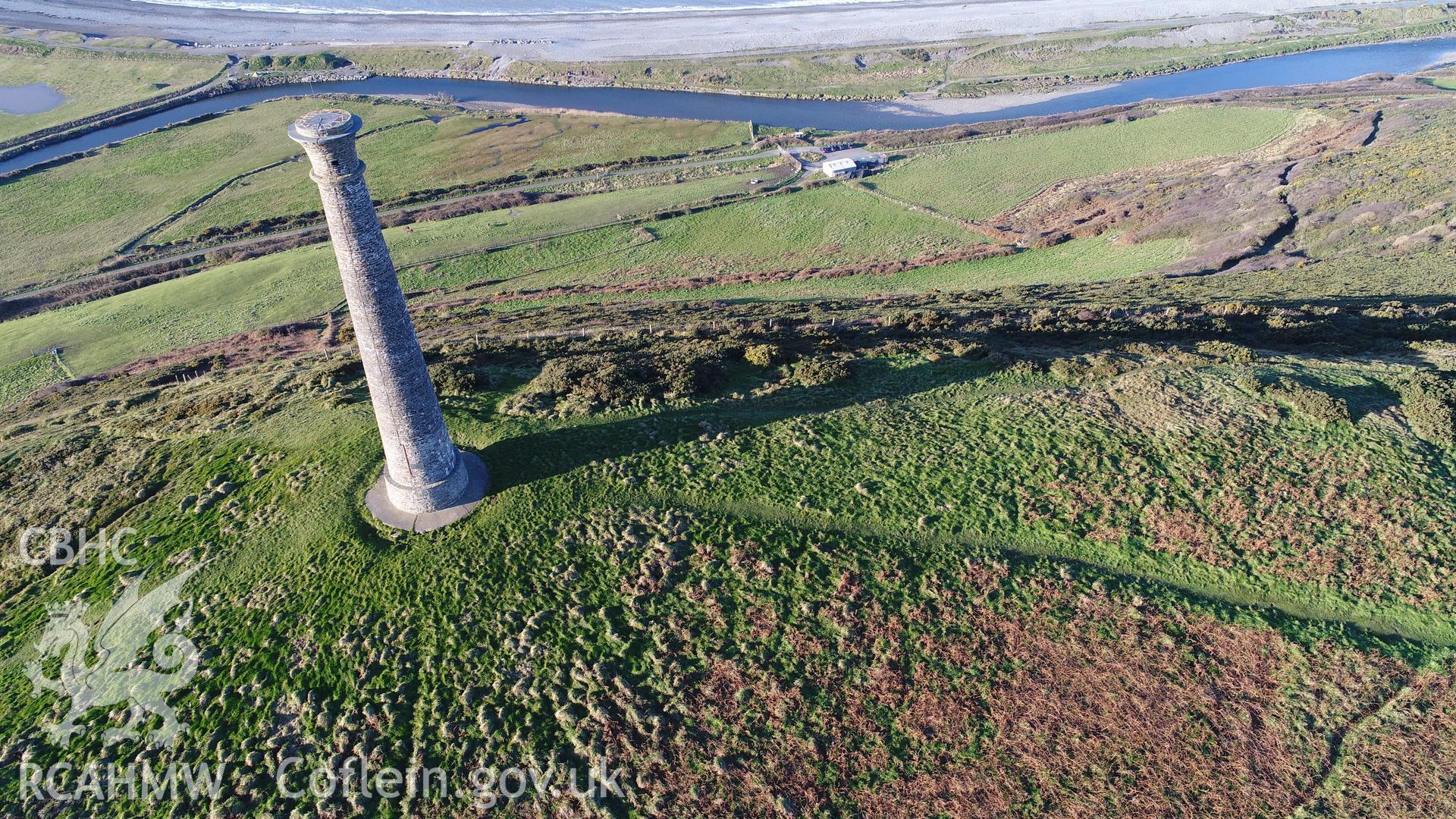 CHERISH Project DJI drone photo survey of Pen Dinas Hillfort and the Wellington Monument. ? Crown: CHERISH PROJECT 2017. Produced with EU funds through the Ireland Wales Co-operation Programme 2014-2020. All material made freely available through the Open Government Licence.