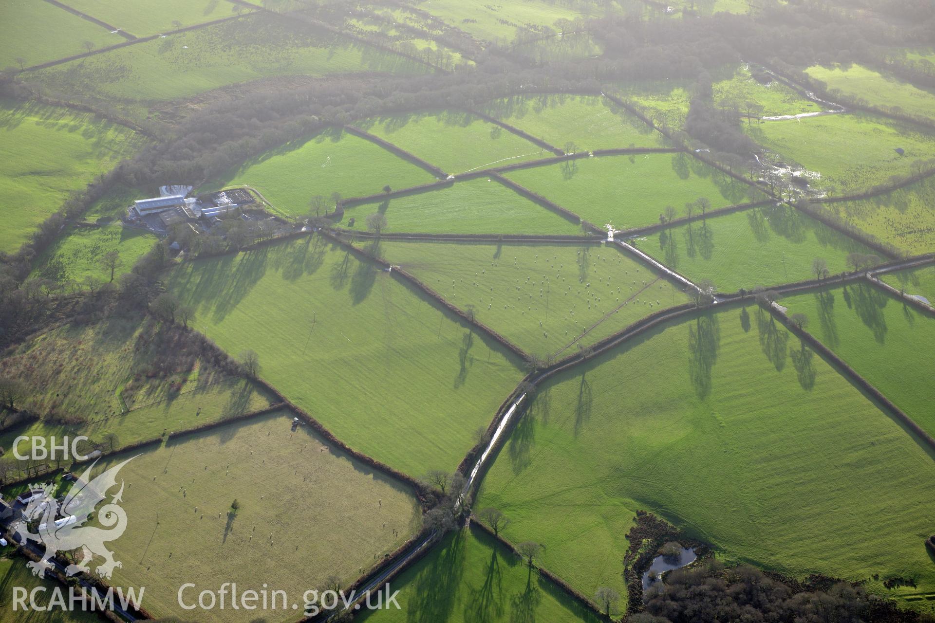 Roman Road west of Carmarthen. Oblique aerial photograph taken during the Royal Commission's programme of archaeological aerial reconnaissance by Toby Driver on 6th January 2015.