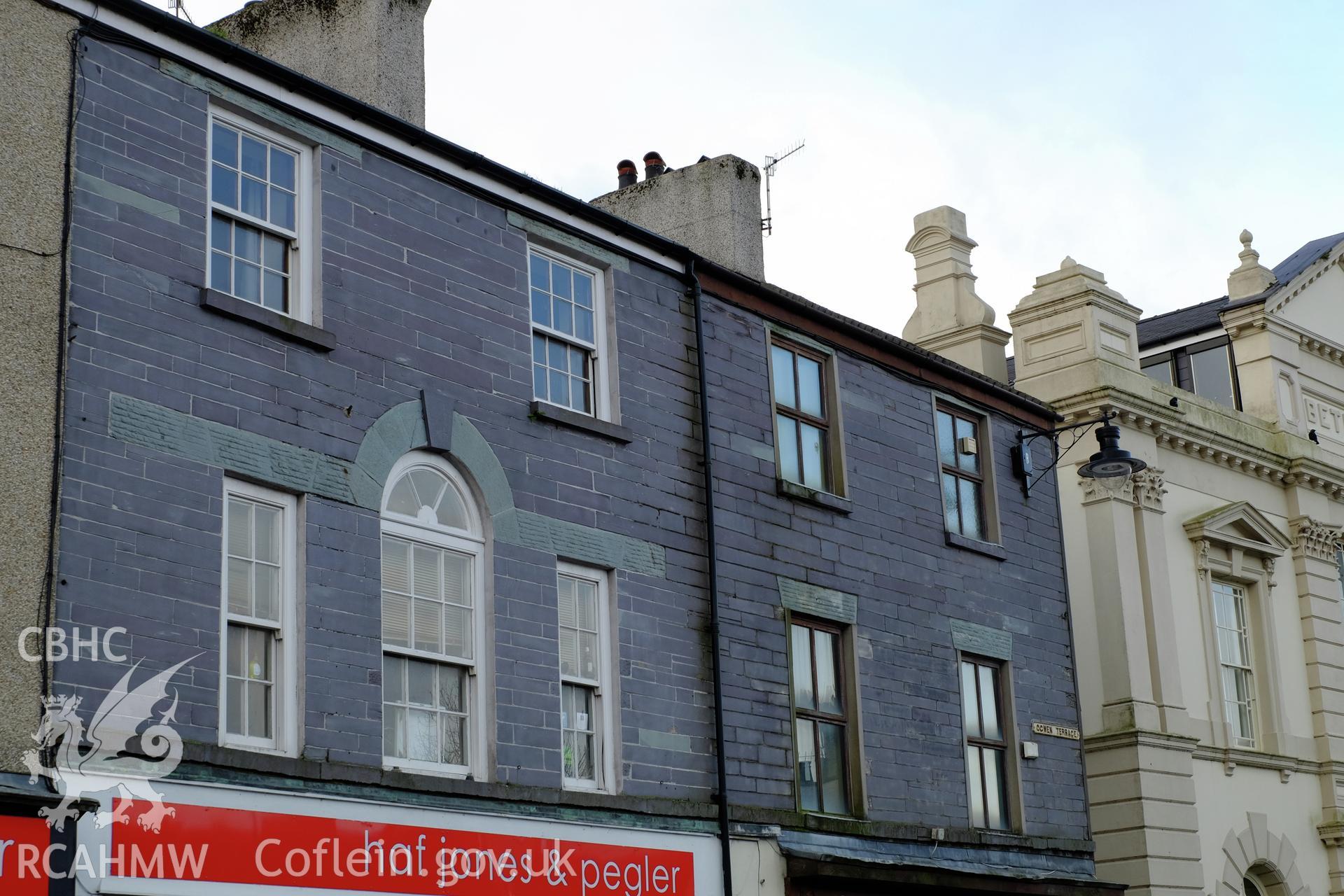 Colour photograph showing view of first and second floors of 1-2 Ogwen Terrace, Bethesda, produced by Richard Hayman 16th February 2017