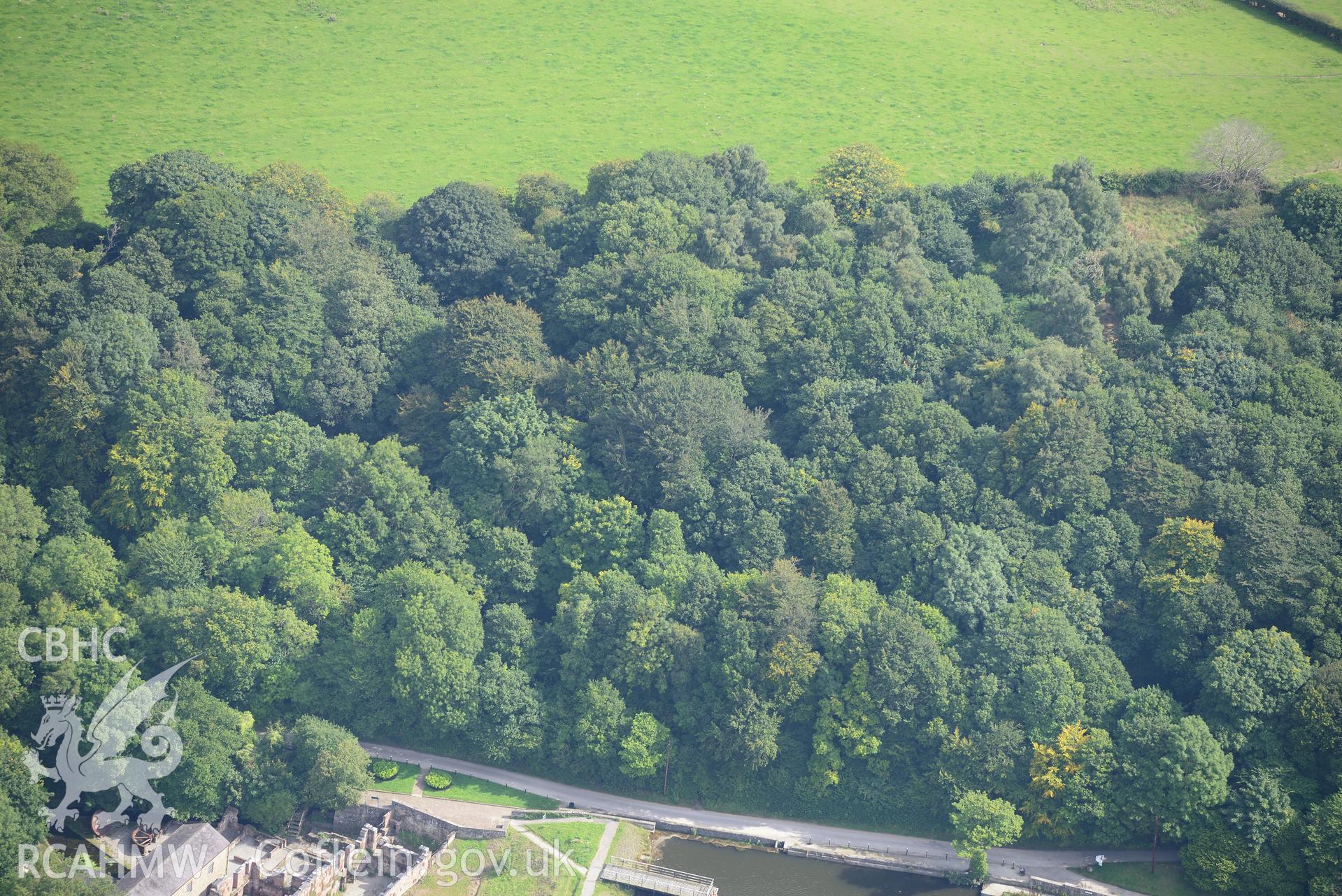 Lower Cotton Mill, Greenfield Valley Heritage Park, Holywell. Oblique aerial photograph taken during the Royal Commission's programme of archaeological aerial reconnaissance by Toby Driver on 11th September 2015.