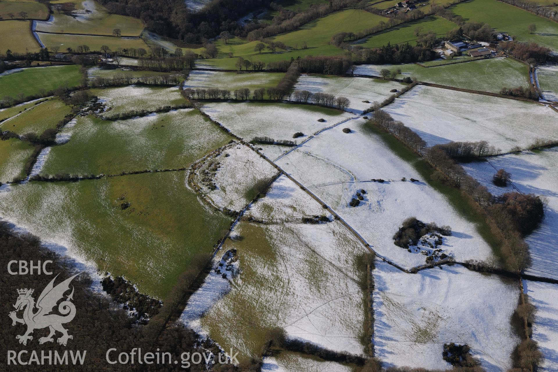 Pencoed y Foel hillfort, north east of Llandysul. Oblique aerial photograph taken during the Royal Commission's programme of archaeological aerial reconnaissance by Toby Driver on 4th February 2015.