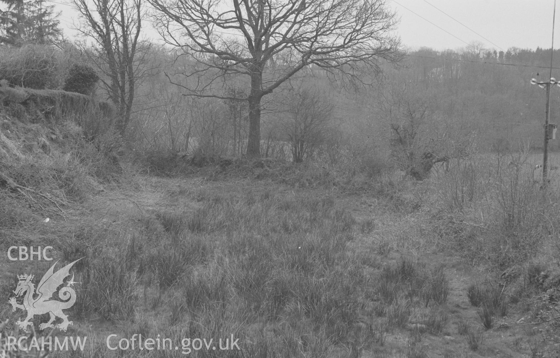 Digital copy of a black and white negative showing Gwar-Llyn-Uchaf. Photographed by Arthur O. Chater on 13th April 1967 looking south west from roadside bank of empty mill pond at Grid Reference SN 426 570. Mill is down in field to the right.