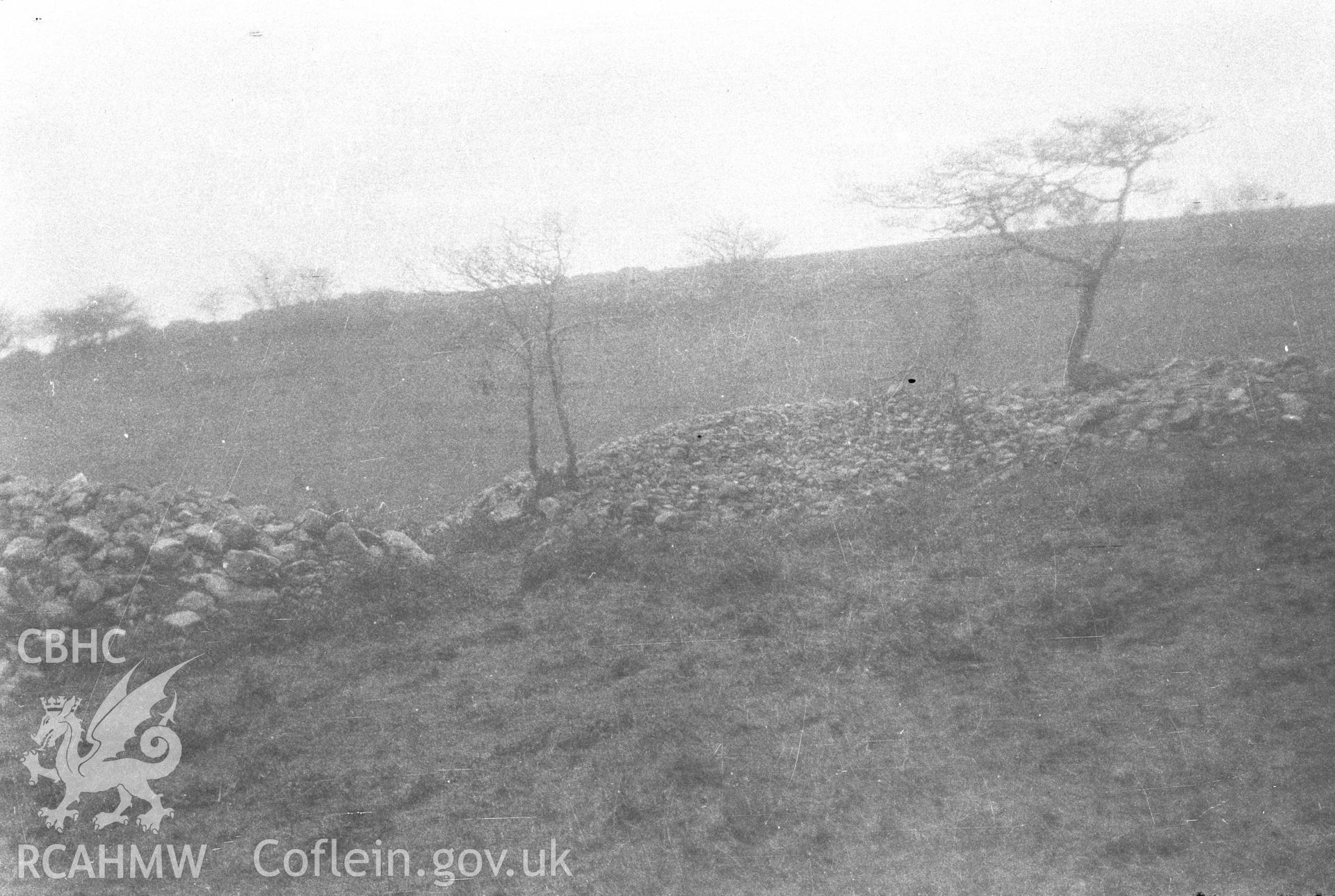 Digital copy of a nitrate negative showing Bryn Owen Farm cairns, Llanbradach. From the Cadw Monuments in Care Collection.