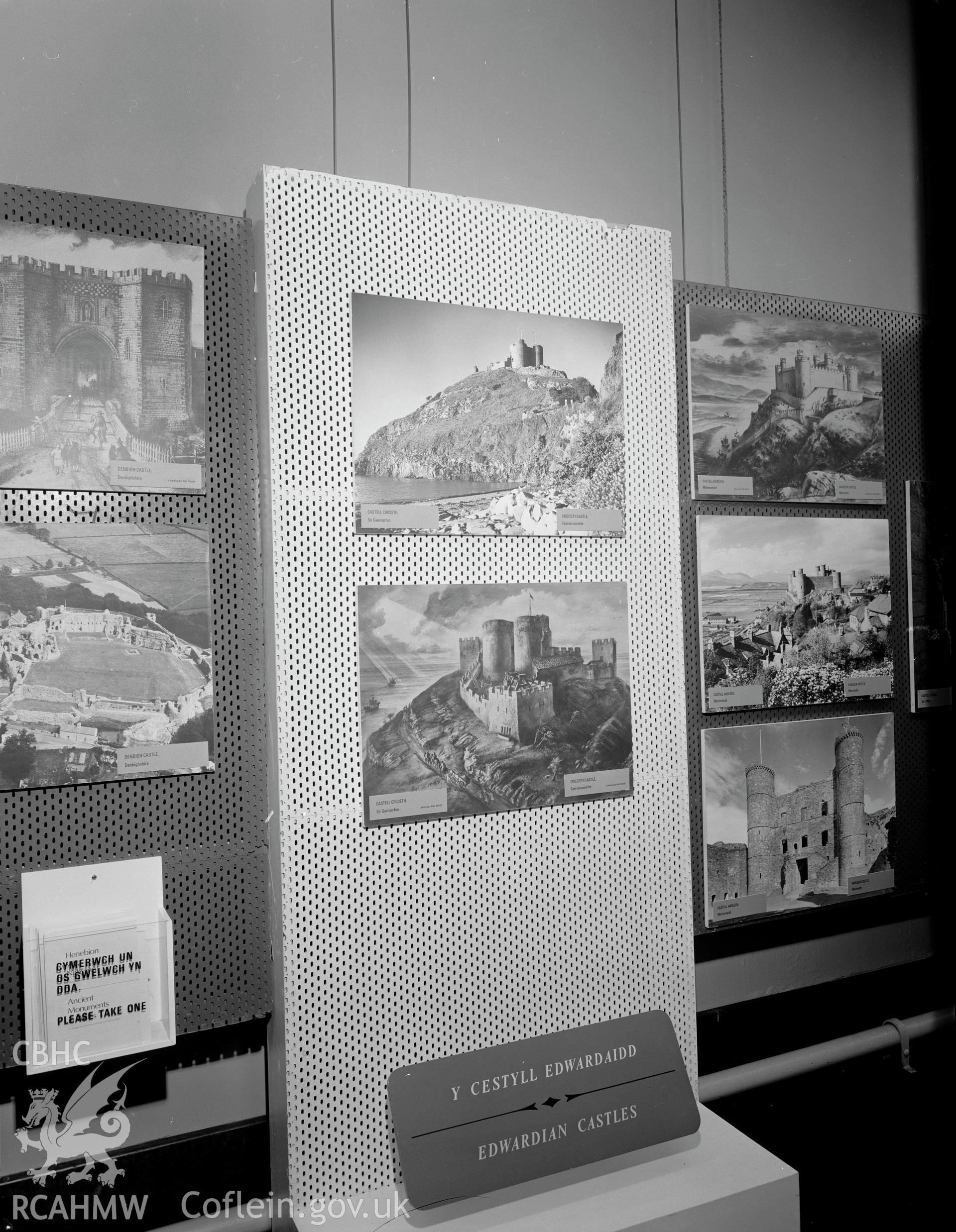 Digital copy of a black and white negative showing Ancient Monuments Exhibition, Welsh Tourer, Vivian Art Gallery, Swansea. From Cadw Monuments in Care Collection.