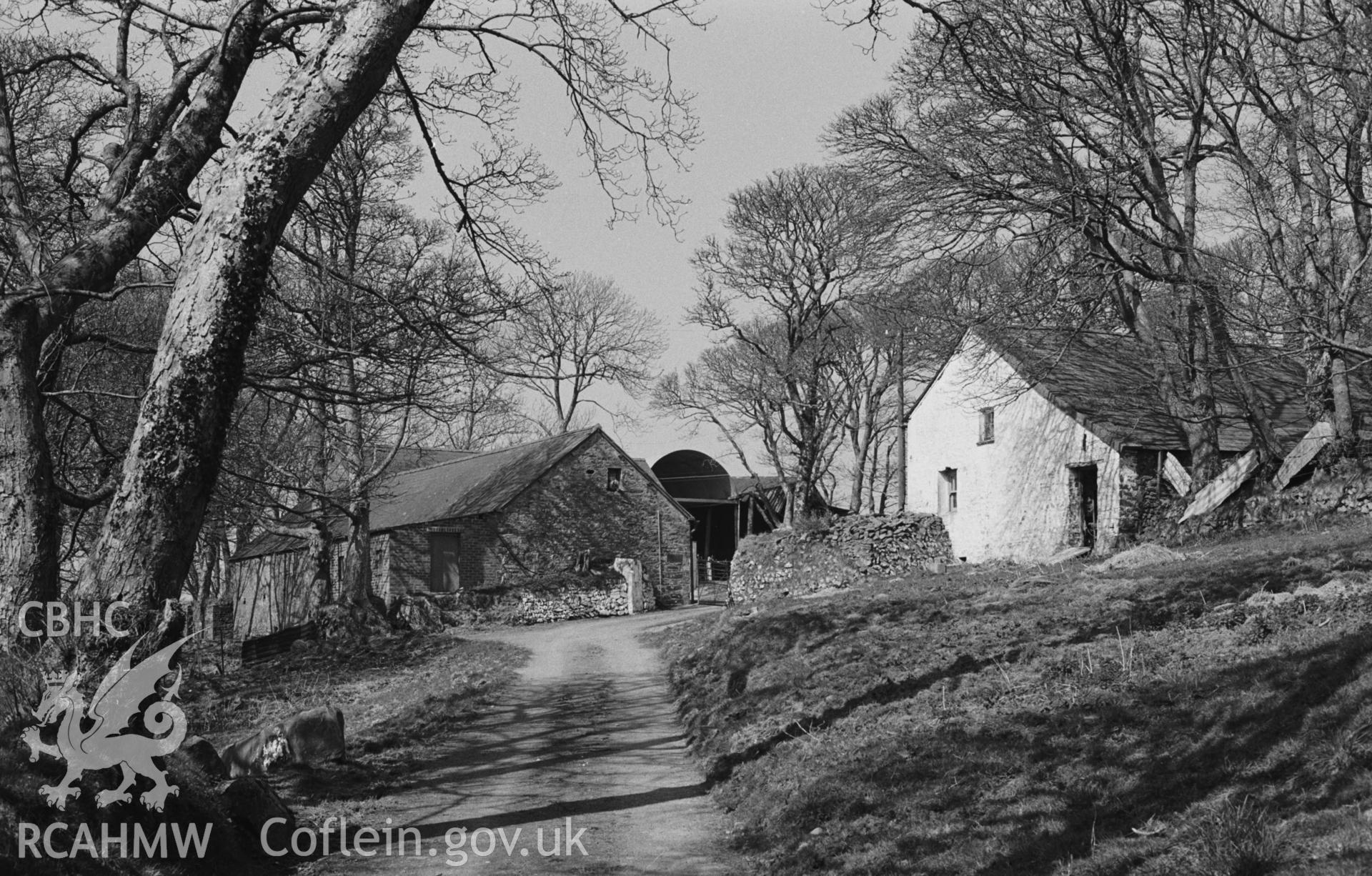 Digital copy of a black and white negative showing Pen-y-rhiw Farm, Penbontrhydyfoethau, south west of New Quay. Photographed by Arthur O. Chater in April 1968. (Looking north west from the lane to the village, Grid Reference SN 358 549).