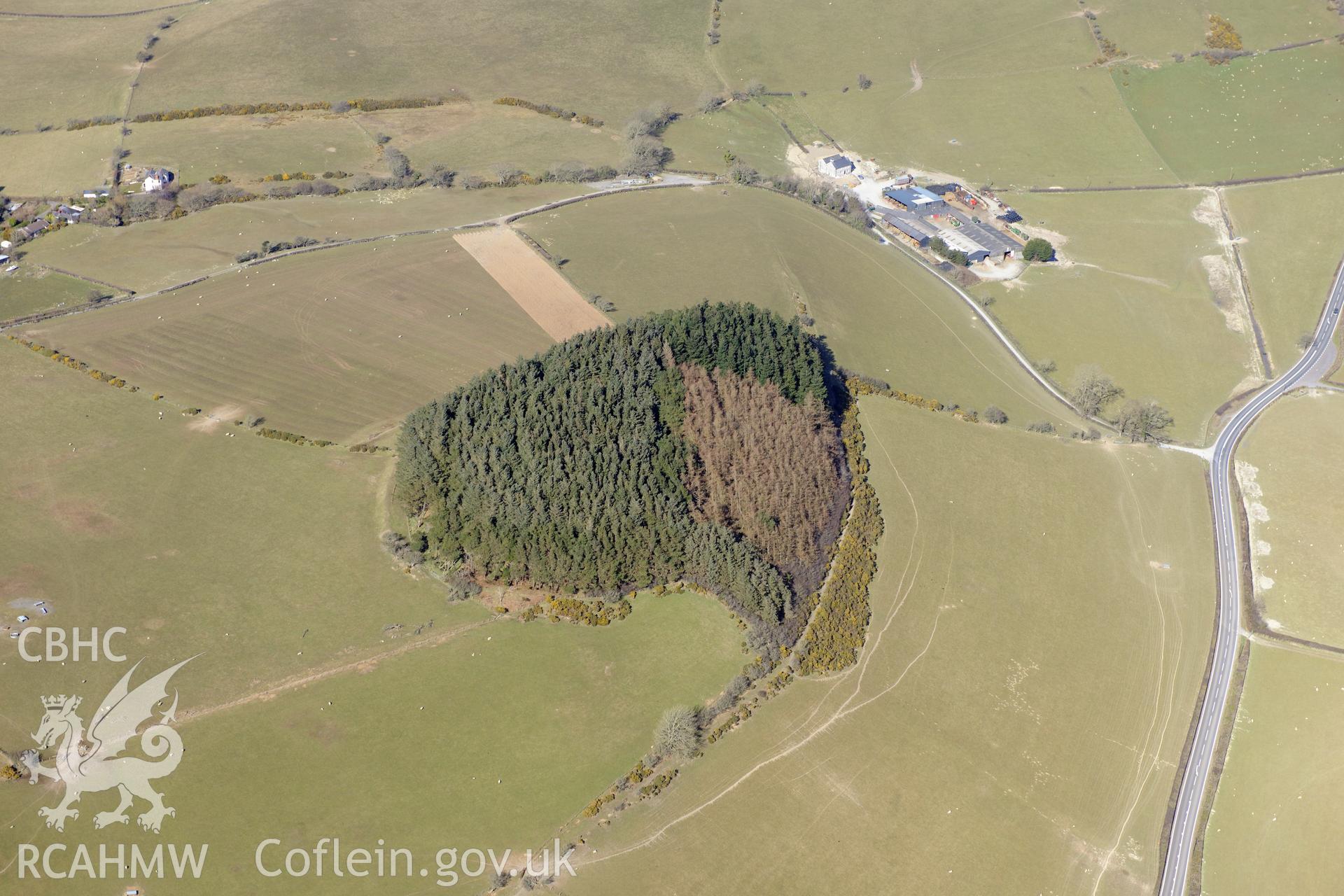 Caer Pwll-Glas hill fort, north east of Bow Street, Aberystwyth. Oblique aerial photograph taken during the Royal Commission's programme of archaeological aerial reconnaissance by Toby Driver on 2nd April 2013.