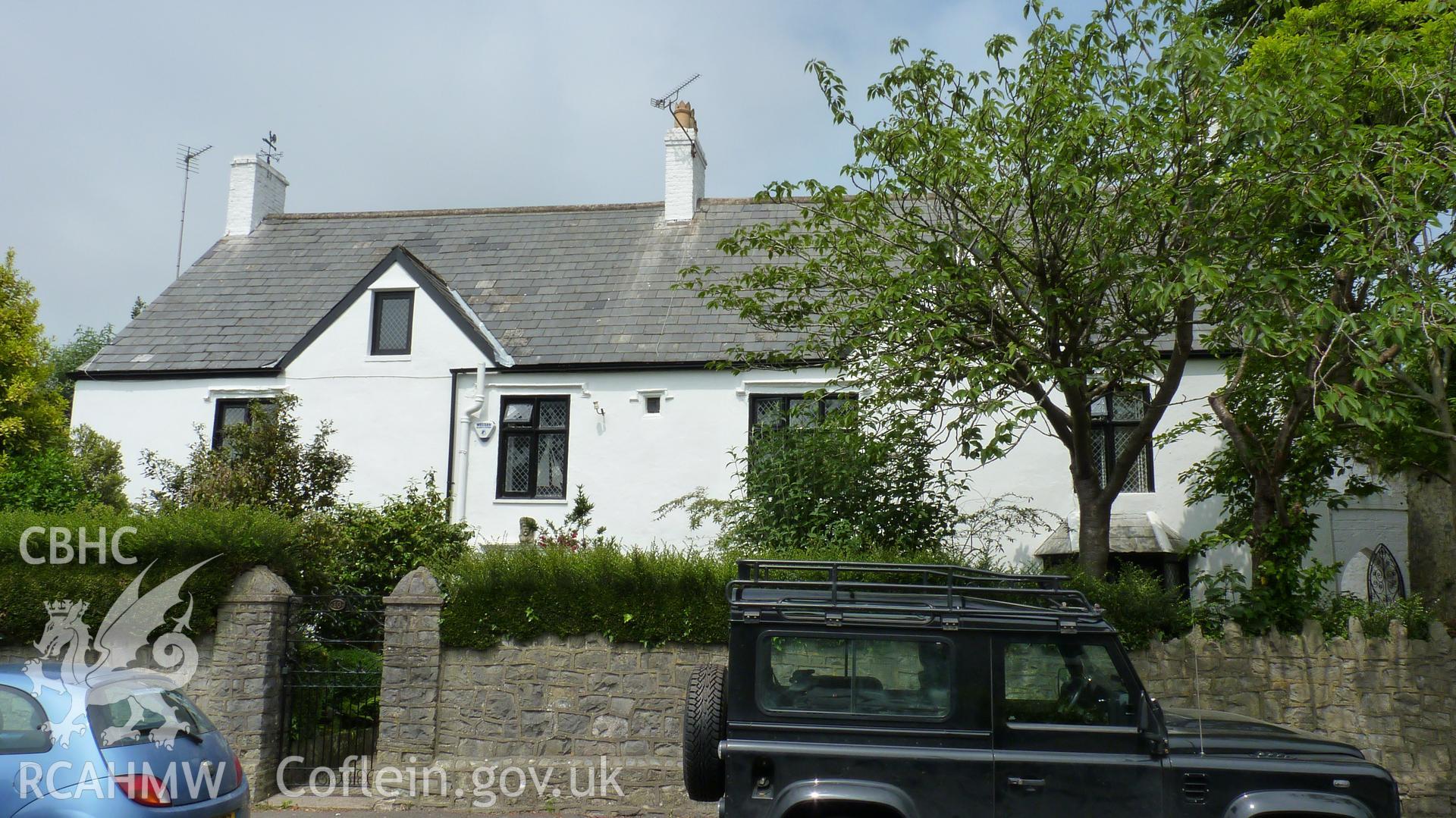 'Newcastle Cottage, Grade II listed, on the north side of West Road, Bridged.' Photographed as part of archaeological work at Coed Parc, Newcastle, Bridgend, carried out by Archaeology Wales, 2016. Project no. P2432.