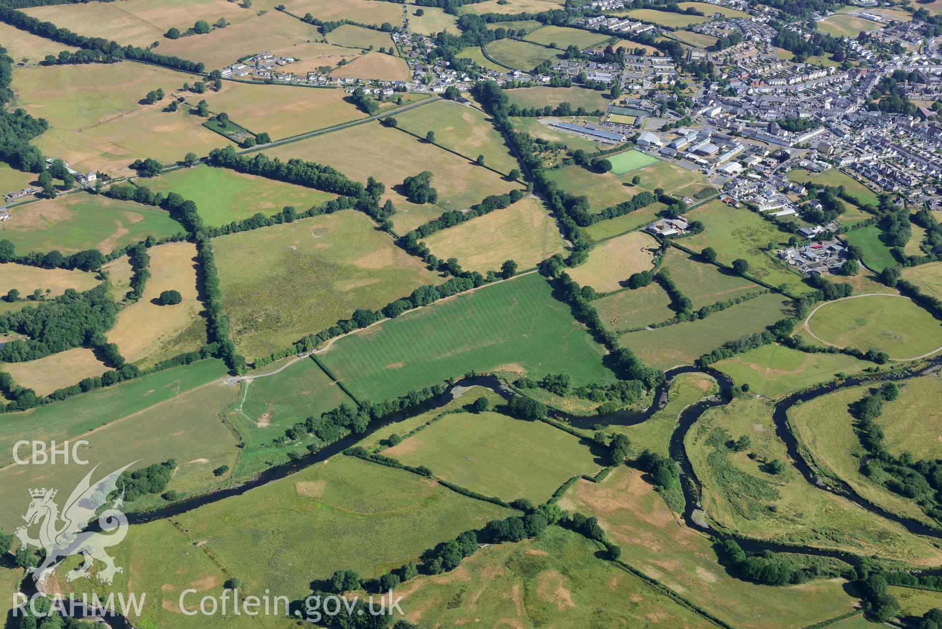 Royal Commission aerial photography of Lampeter with parchmarks of the Roman road, taken on 19th July 2018 during the 2018 drought.