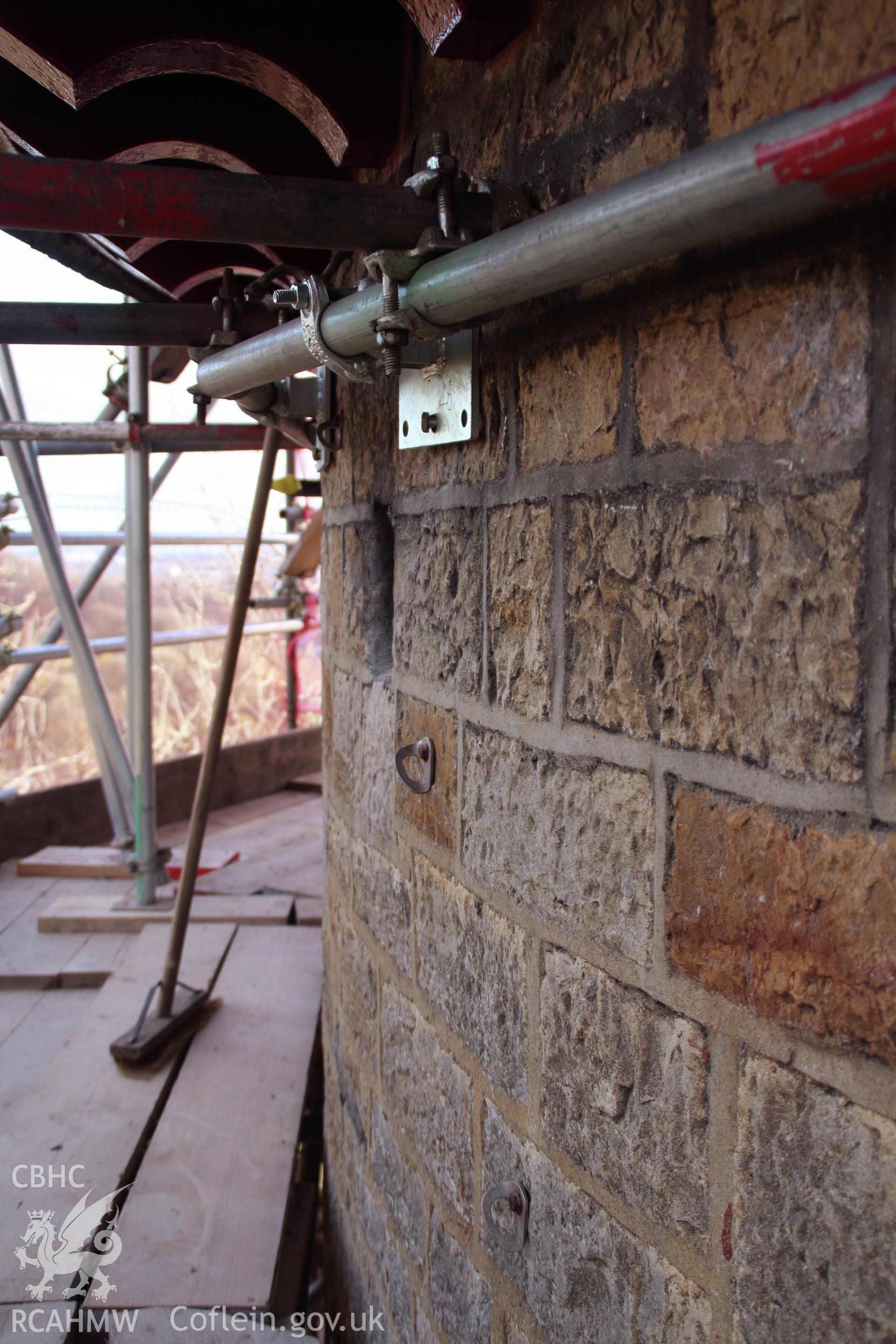 Detailed view of tower wall during renovation, taken 3/4/2019. From "Castell Coch, Tongwynlais, Cardiff. Archaeological Building Investigation and Recording & Watching Brief" by Richard Scott Jones, Heritage Recording Services Wales. Report No 202.