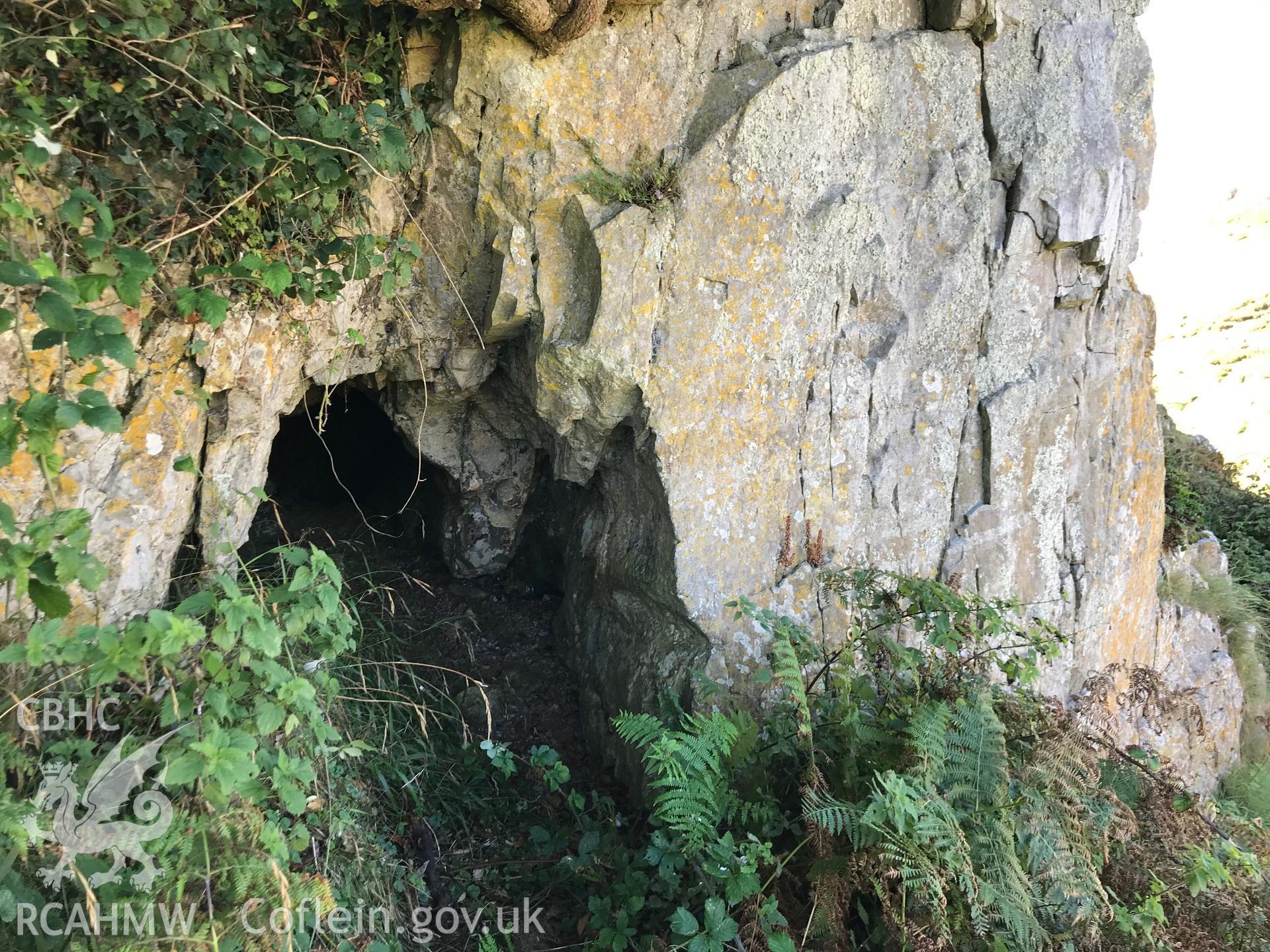 Digital colour photograph showing exterior view of Mewslade Cave, Rhossili, taken by Paul R. Davis on 14th September 2019.