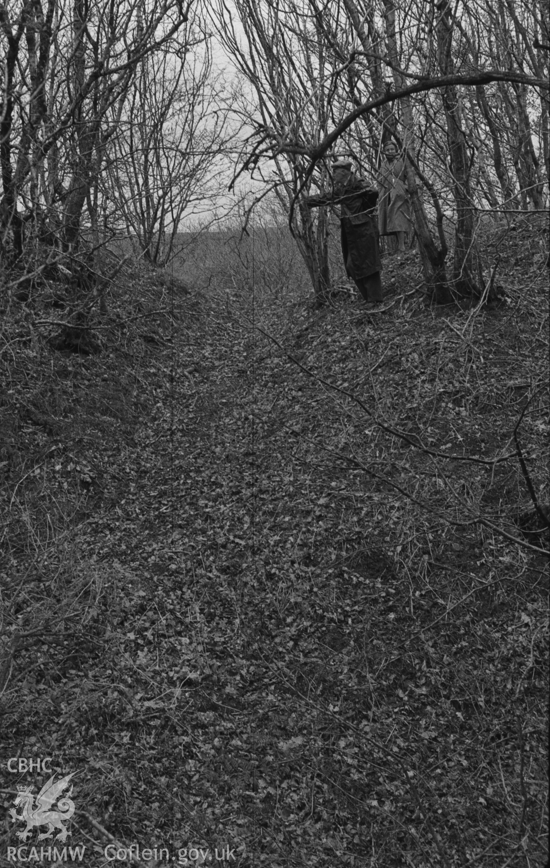 Digital copy of a black and white negative showing view of Castell Gwynionydd, Llandysul, with figures. Photographed in April 1963 by Arthur O. Chater, looking south east from the bottom of the ditch at the main entrance (Grid Reference SN 4237 4206).