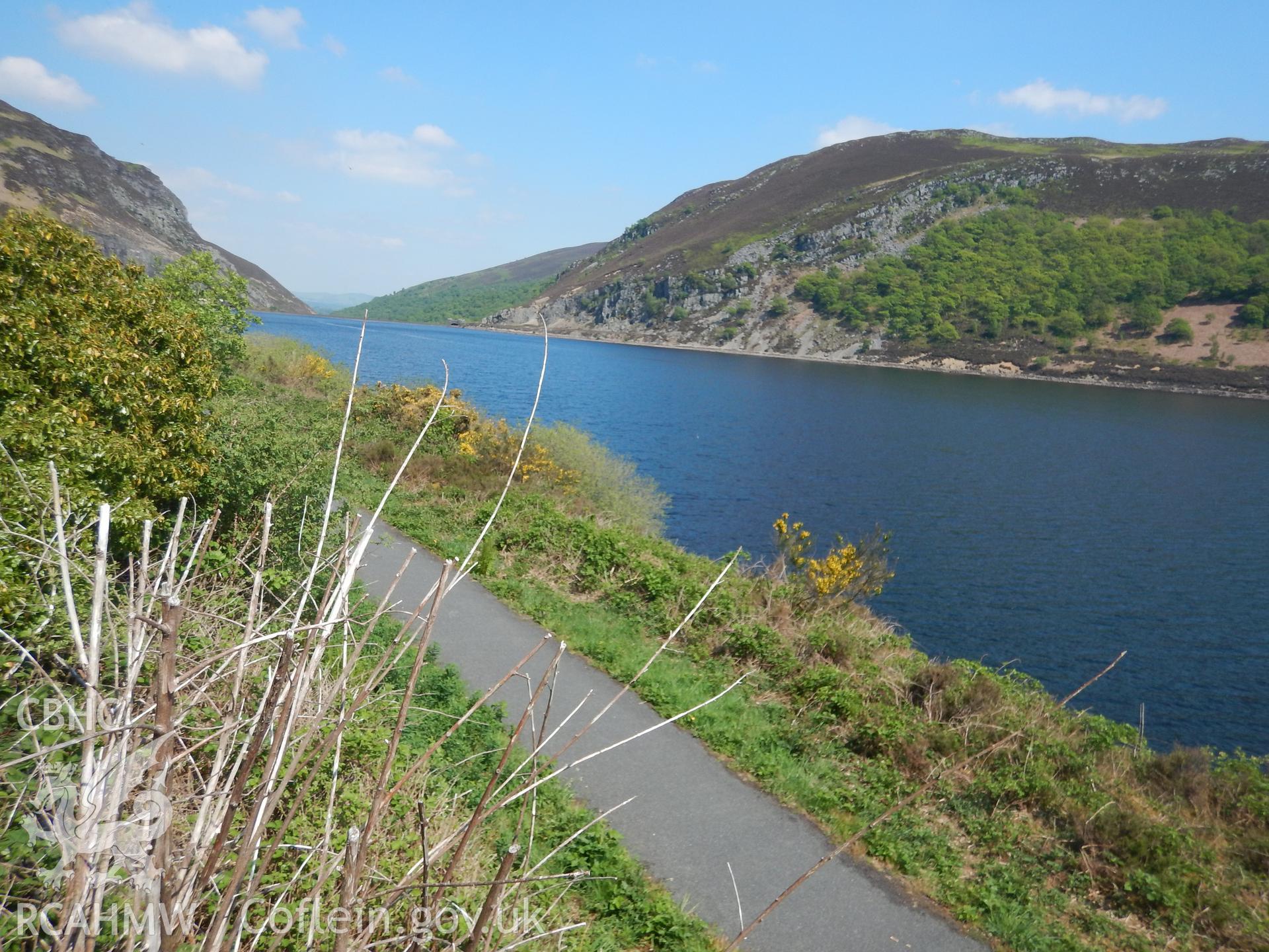 Caban Coch reservoir dam, looking north-east. Photographed as part of Archaeological Desk Based Assessment of Afon Claerwen, Elan Valley, Rhayader, Powys. Assessment conducted by Archaeology Wales in 2018. Report no. 1681. Project no. 2573.