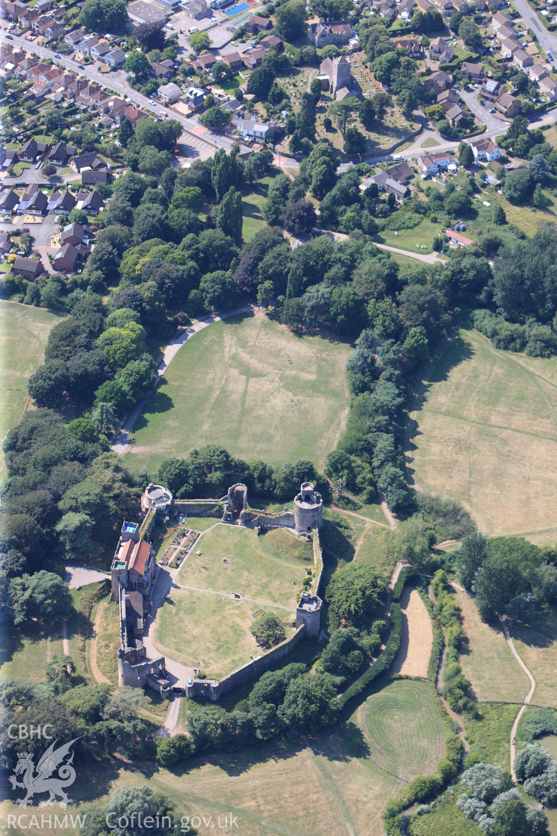 Caldicot Castle, in the town of Caldicot, east of Newport. Oblique aerial photograph taken during the Royal Commission?s programme of archaeological aerial reconnaissance by Toby Driver on 1st August 2013.