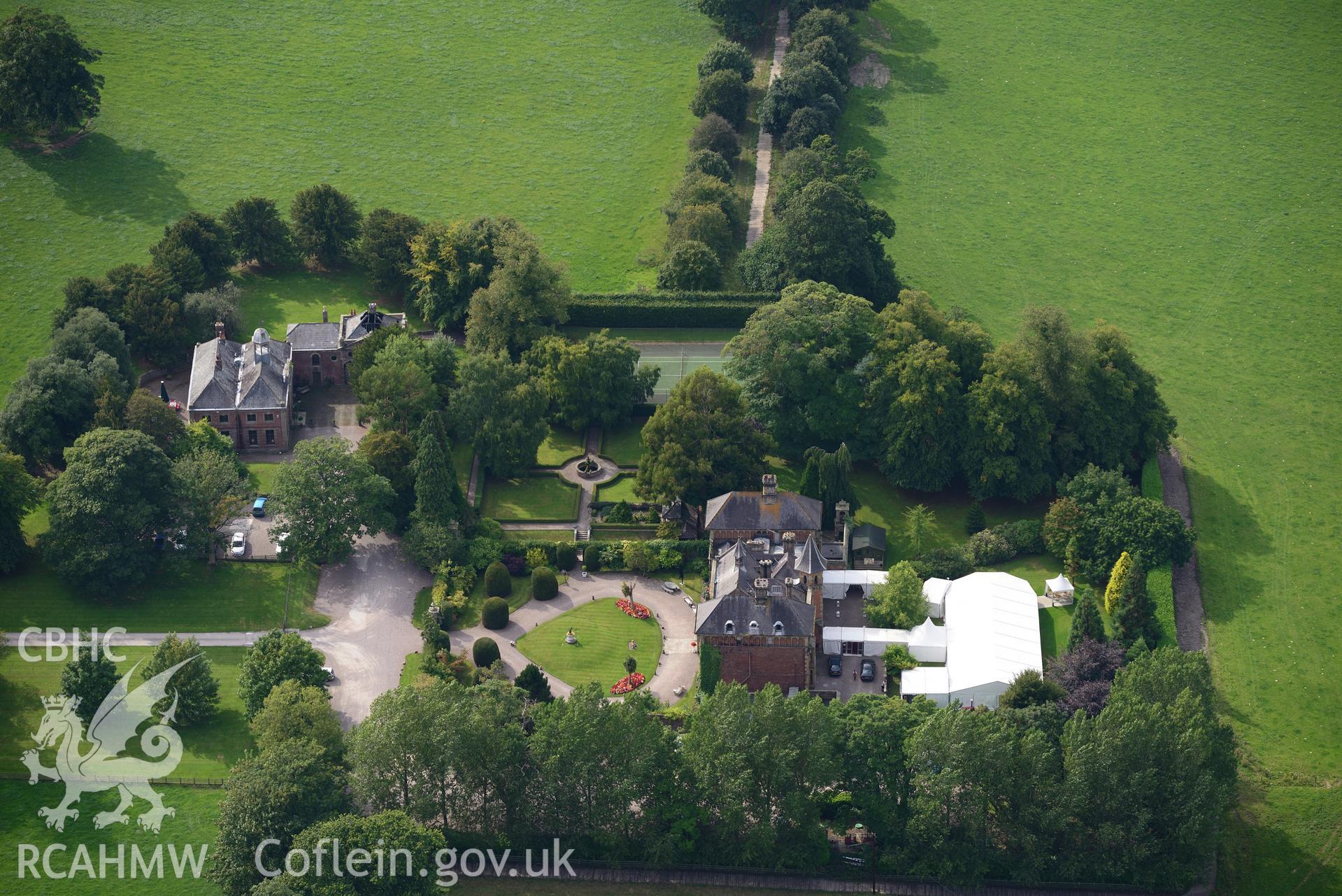 Soughton Hall, Garden, Coach House and Stable Block, Soughton, near Mold. Oblique aerial photograph taken during the Royal Commission's programme of archaeological aerial reconnaissance by Toby Driver on 11th September 2015.