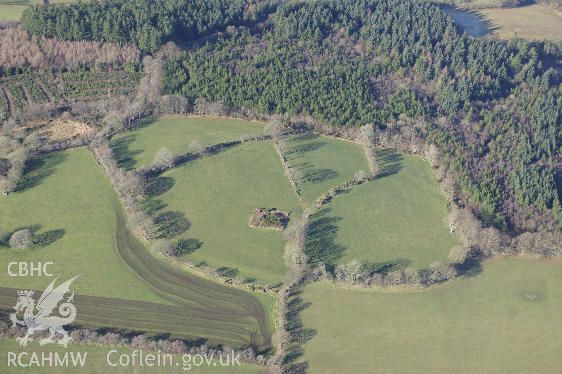 Castell Goetre hillfort, north east of Lampeter. Oblique aerial photograph taken during the Royal Commission's programme of archaeological aerial reconnaissance by Toby Driver on 4th February 2015.