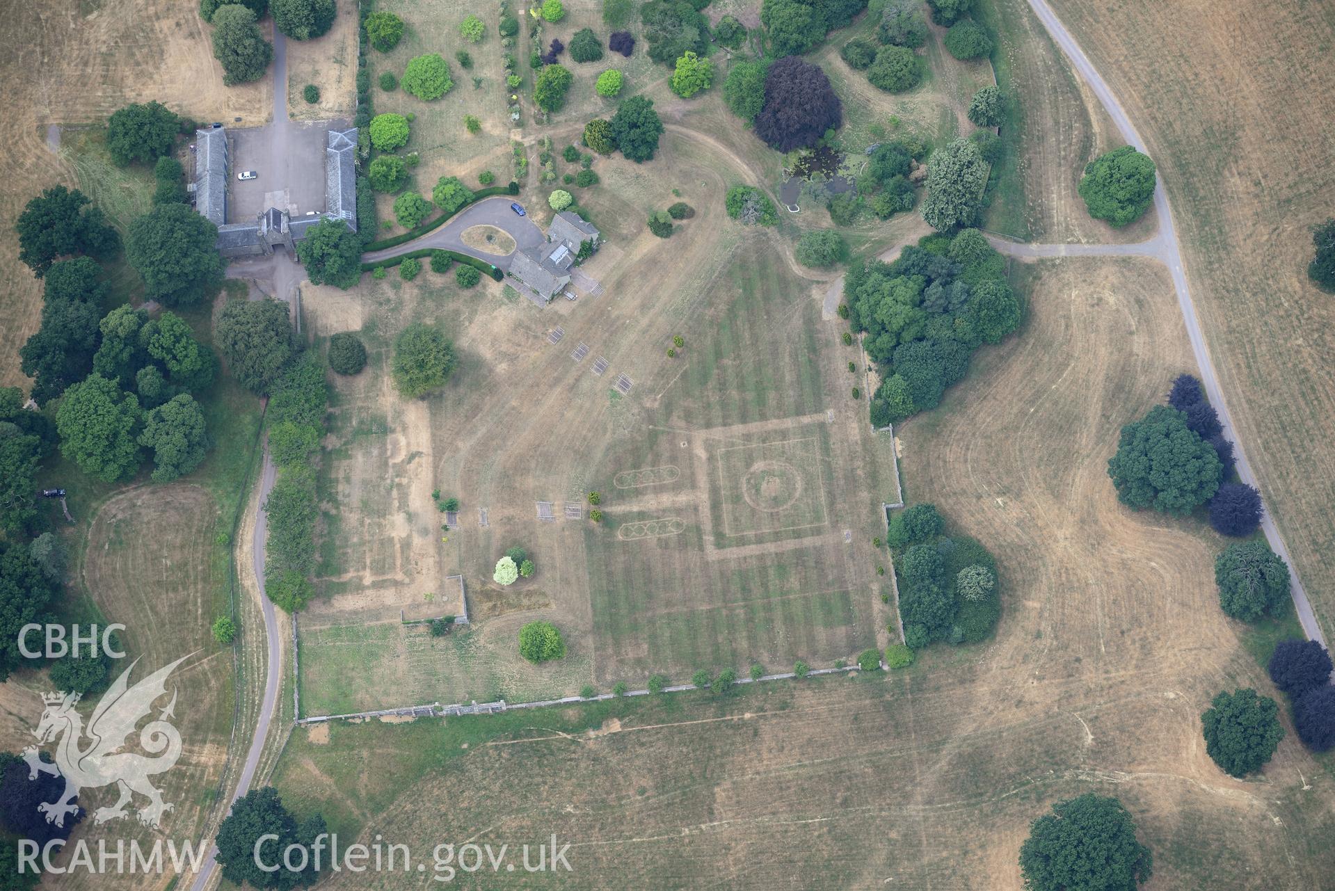 Royal Commission aerial photography of Glanusk Park House and garden taken on 19th July 2018 during the 2018 drought.