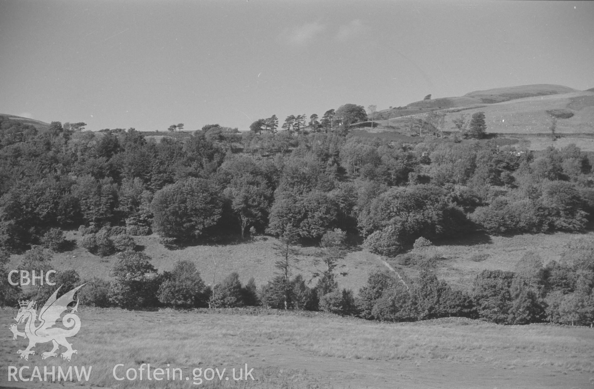 Digital copy of a black and white negative showing view from the lane 800m north east of Dologau across the Ystwyth to Gwarallt woods near Cwmystwyth village. Photographed by Arthur O. Chater in September 1964 from Grid Reference SN 779 736, looking north.