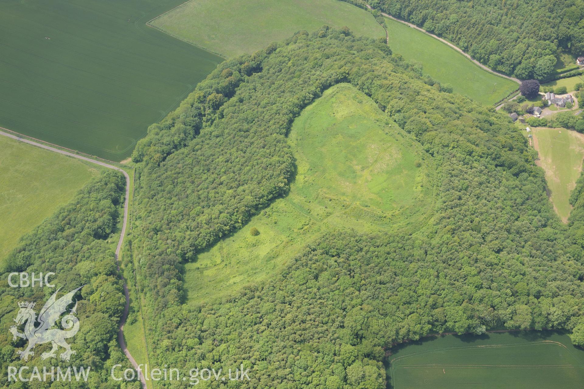 Llanmelin Wood Hillfort, Shirenewton. Oblique aerial photograph taken during the Royal Commission's programme of archaeological aerial reconnaissance by Toby Driver on 11th June 2015.