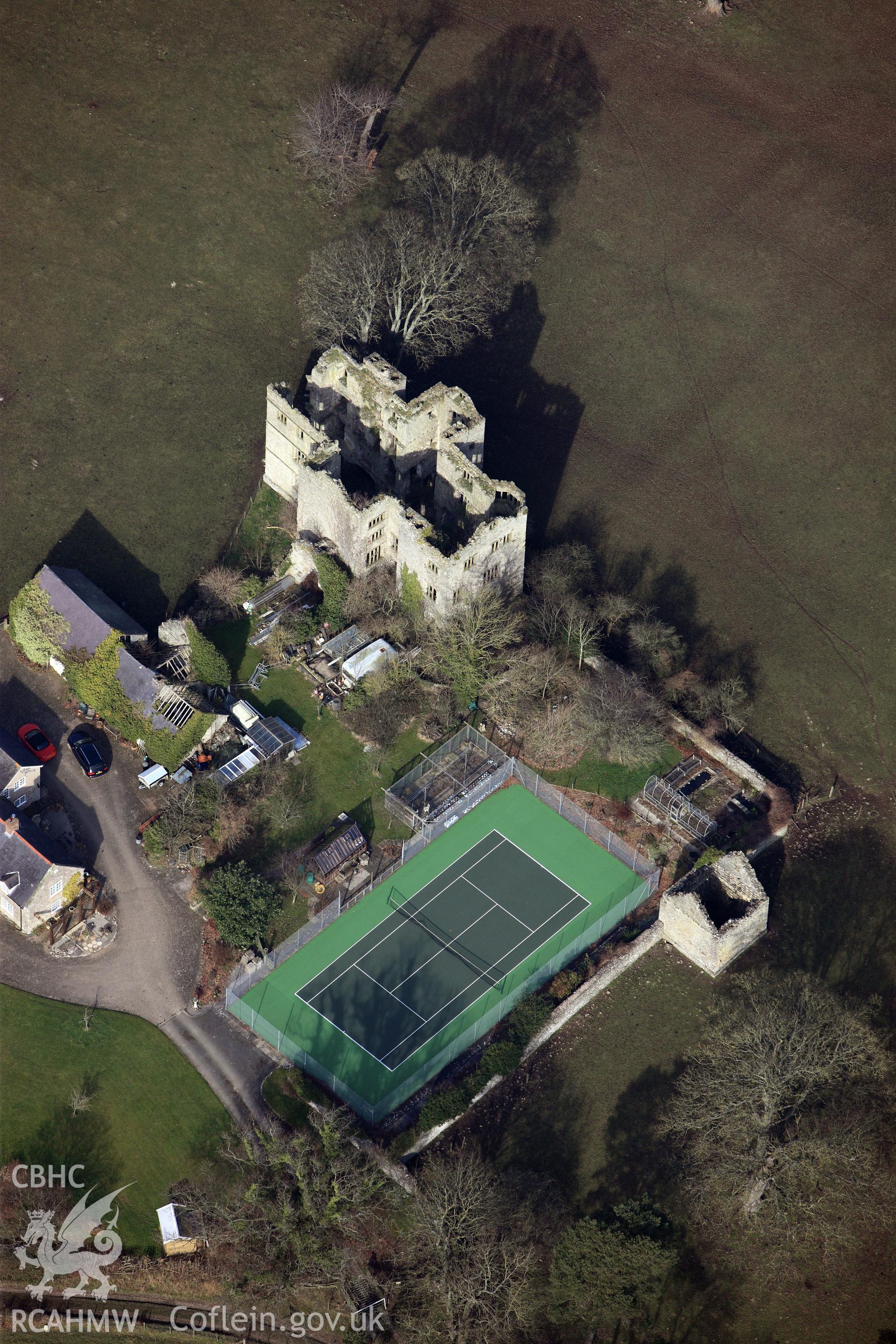 Foxhall Newydd mansion, garden and dovecote, north west of Denbigh. Oblique aerial photograph taken during the Royal Commission?s programme of archaeological aerial reconnaissance by Toby Driver on 28th February 2013.