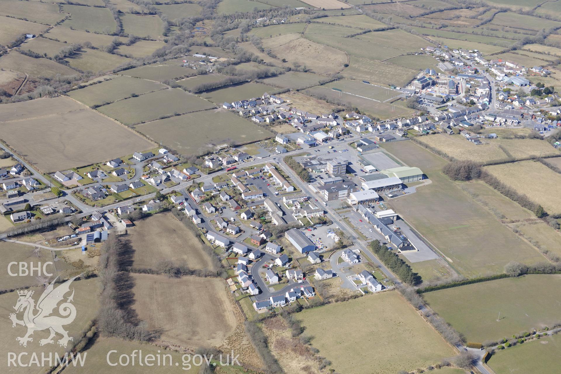 Crymych school, in Crymych village centre. Oblique aerial photograph taken during the Royal Commission's programme of archaeological aerial reconnaissance by Toby Driver on 2nd April 2013.