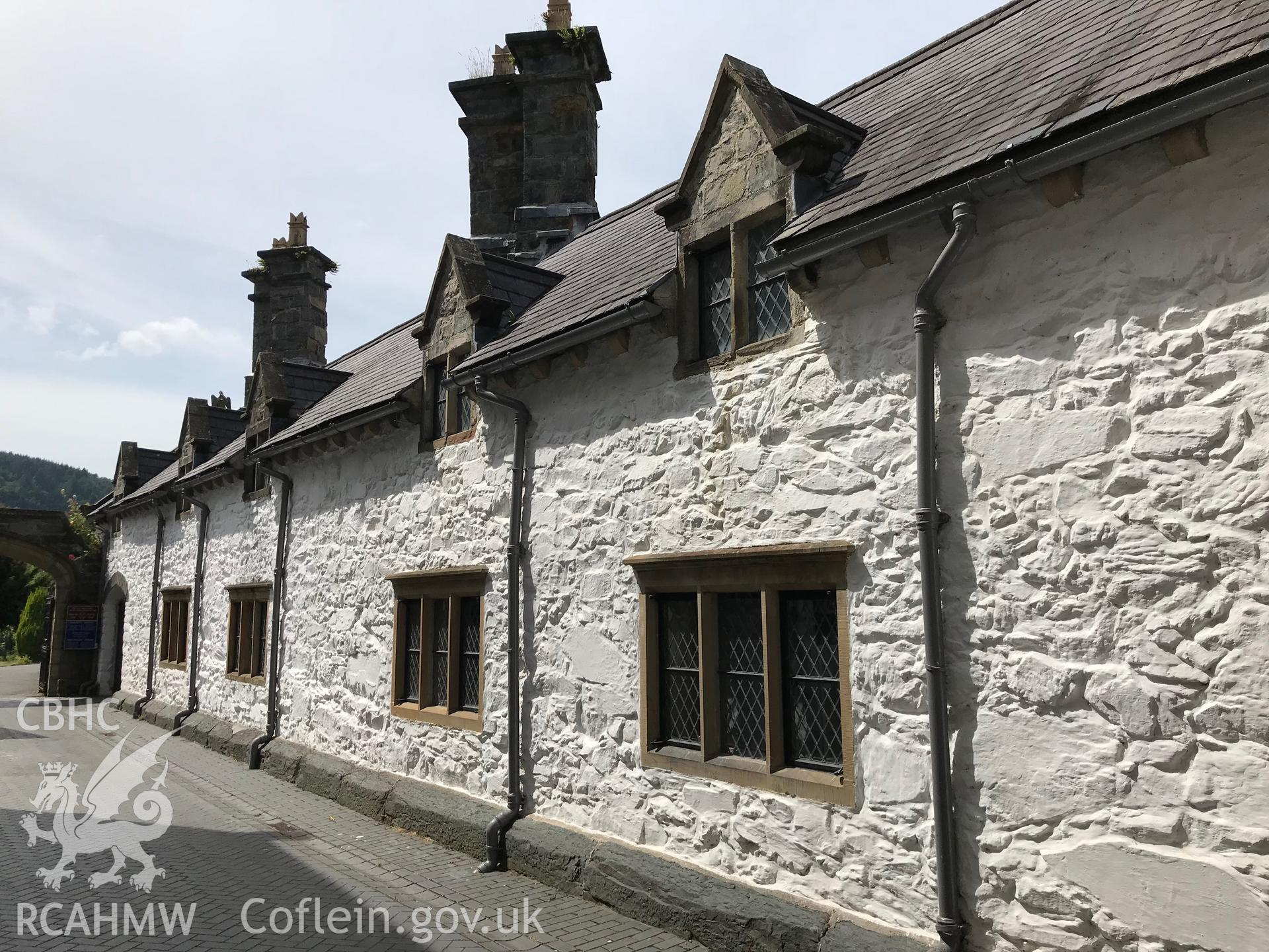 Colour photo showing external view of Jesus Hospital, or Llanrwst Almshouses, taken by Paul R. Davis, 23rd June 2018.