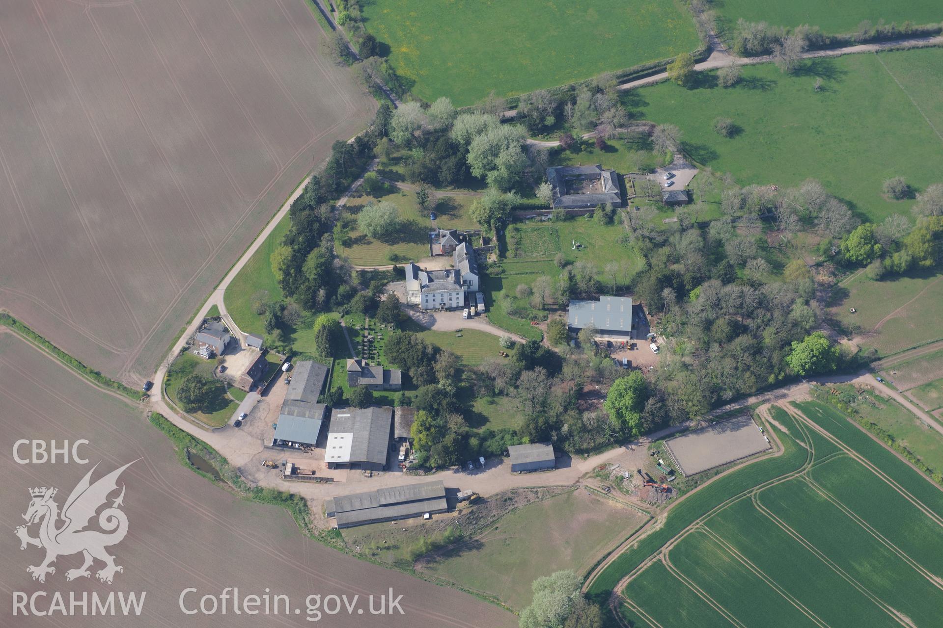 Wonastow Court and Garden, and St Wonnow's Church. Oblique aerial photograph taken during the Royal Commission's programme of archaeological aerial reconnaissance by Toby Driver on 21st April 2015