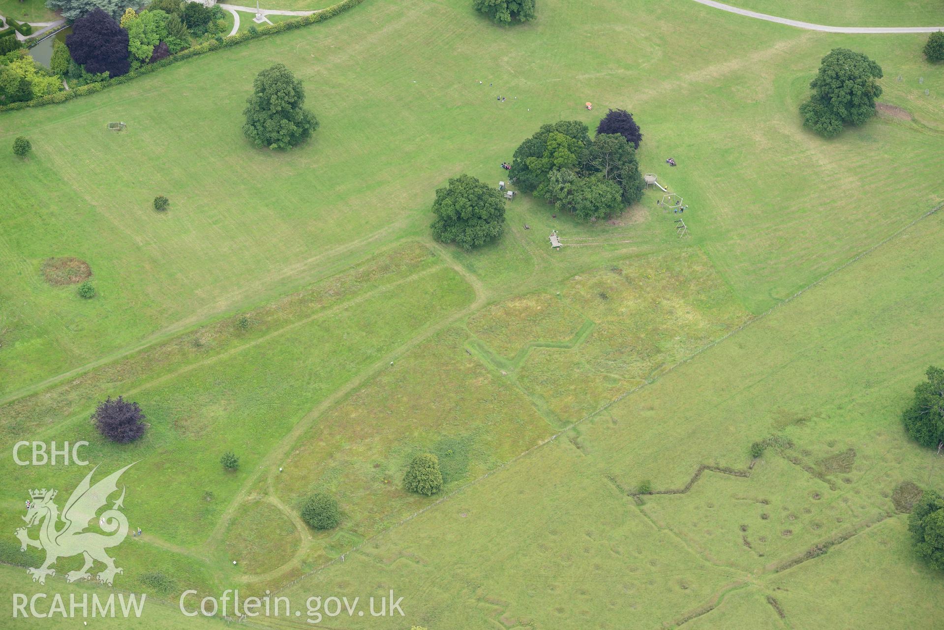 Bodelwyddan Park army practise trenches. Oblique aerial photograph taken during the Royal Commission's programme of archaeological aerial reconnaissance by Toby Driver on 30th July 2015.