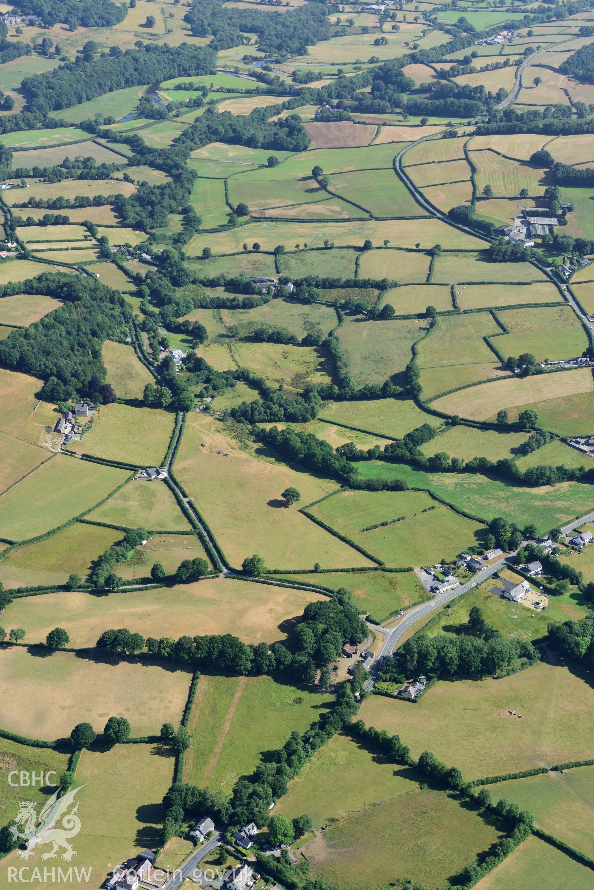 Royal Commission aerial photography of Roman road parchmarks at Aber-Giar or Ffynnon-drain taken on 19th July 2018 during the 2018 drought.