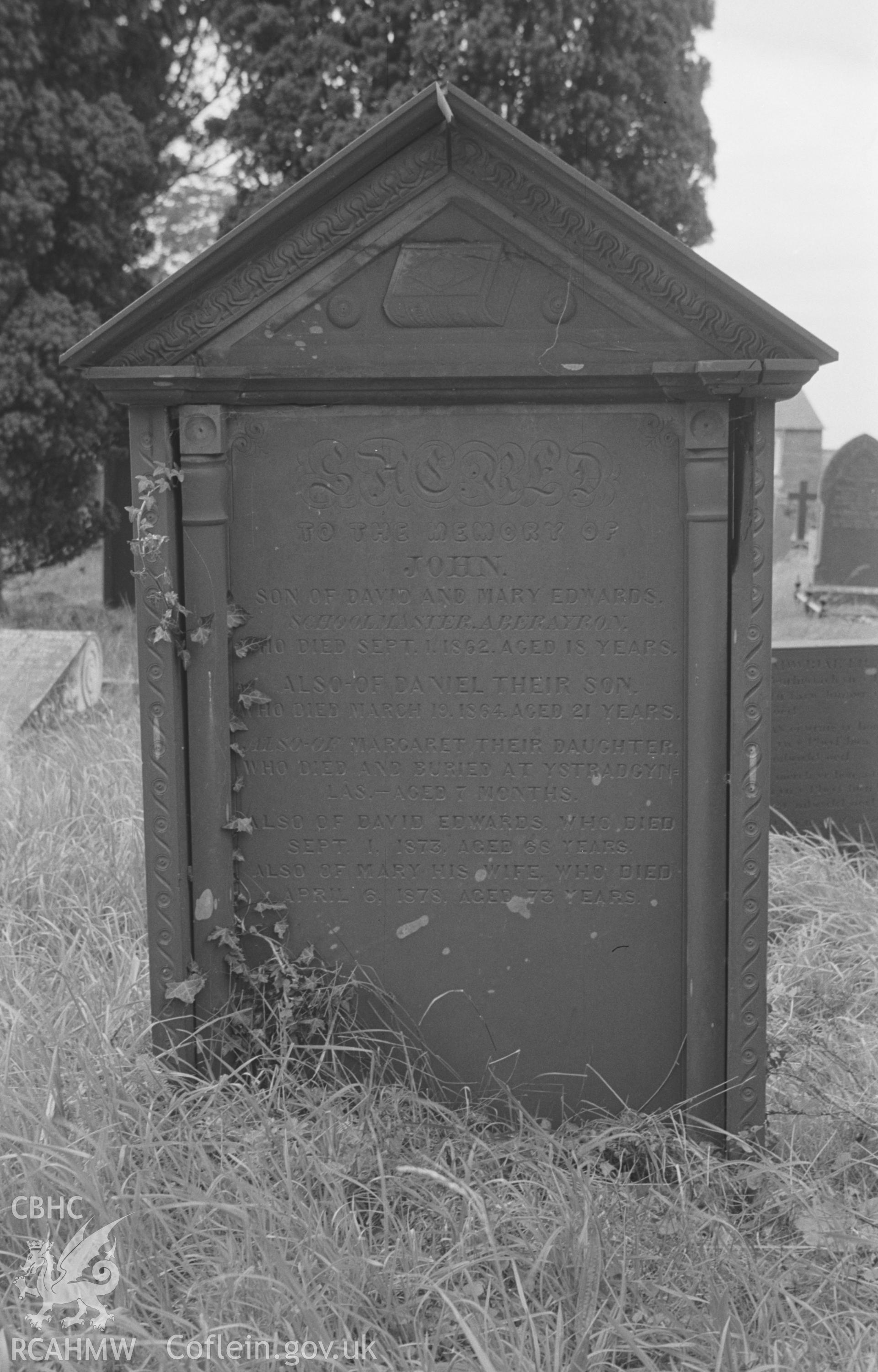 Digital copy of a black and white negative showing gravestone in memory of the Edwards family at St. David's Church, Henfynyw, Aberaeron. Photographed by Arthur O. Chater on 5th September 1966 from Grid Reference SN 447 613.