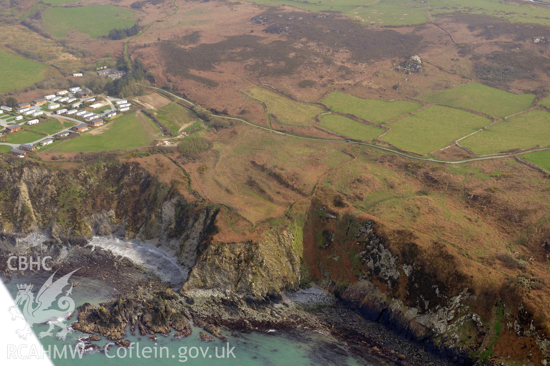 Royal Commission aerial photograph of Fishguard Battery taken on 27th March 2017. Baseline aerial reconnaissance survey for the CHERISH Project. ? Crown: CHERISH PROJECT 2017. Produced with EU funds through the Ireland Wales Co-operation Programme 2014-2020. All material made freely available through the Open Government Licence.