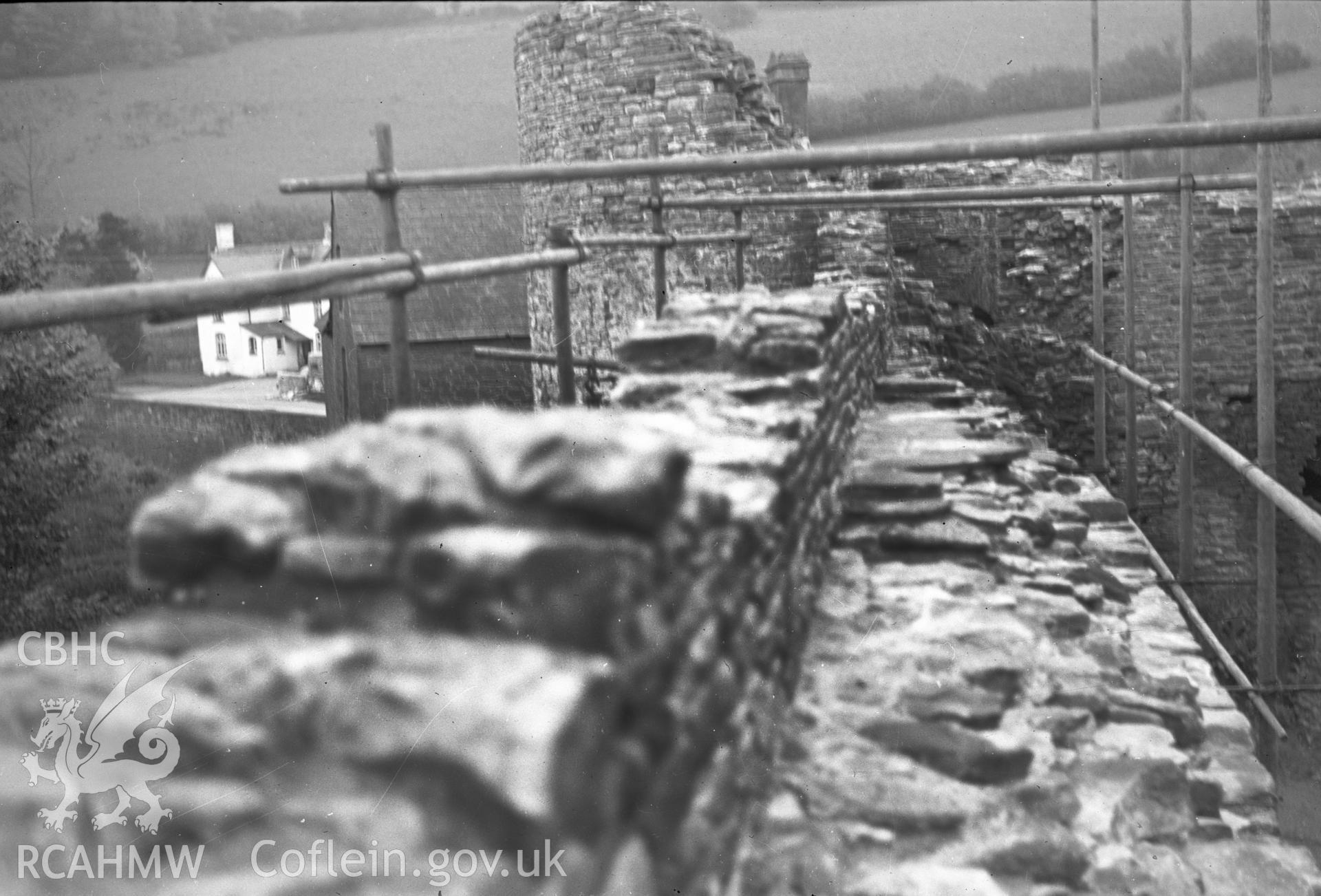 Digital copy of a nitrate negative showing view of Skenfrith Castle taken by Leonard Monroe.