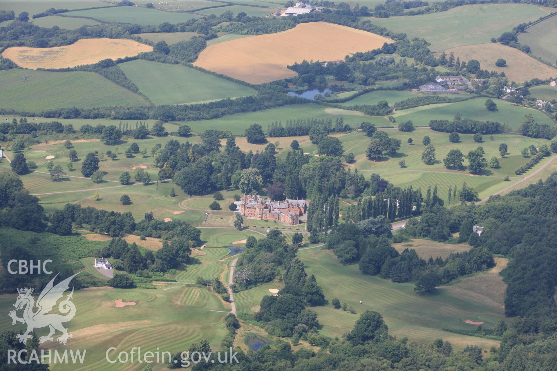 The Hendre country house and gardens, north west of Monmouth. Oblique aerial photograph taken during the Royal Commission?s programme of archaeological aerial reconnaissance by Toby Driver on 1st August 2013.