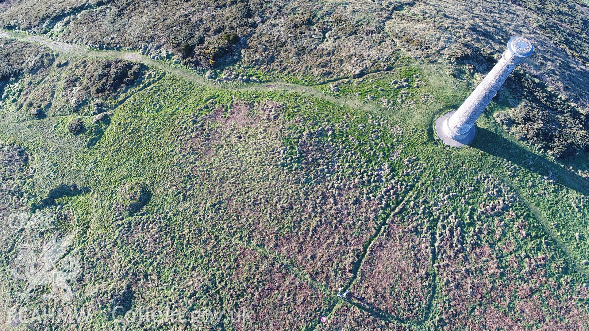 CHERISH Project DJI drone photo survey of Pen Dinas Hillfort and the Wellington Monument. ? Crown: CHERISH PROJECT 2017. Produced with EU funds through the Ireland Wales Co-operation Programme 2014-2020. All material made freely available through the Open Government Licence.