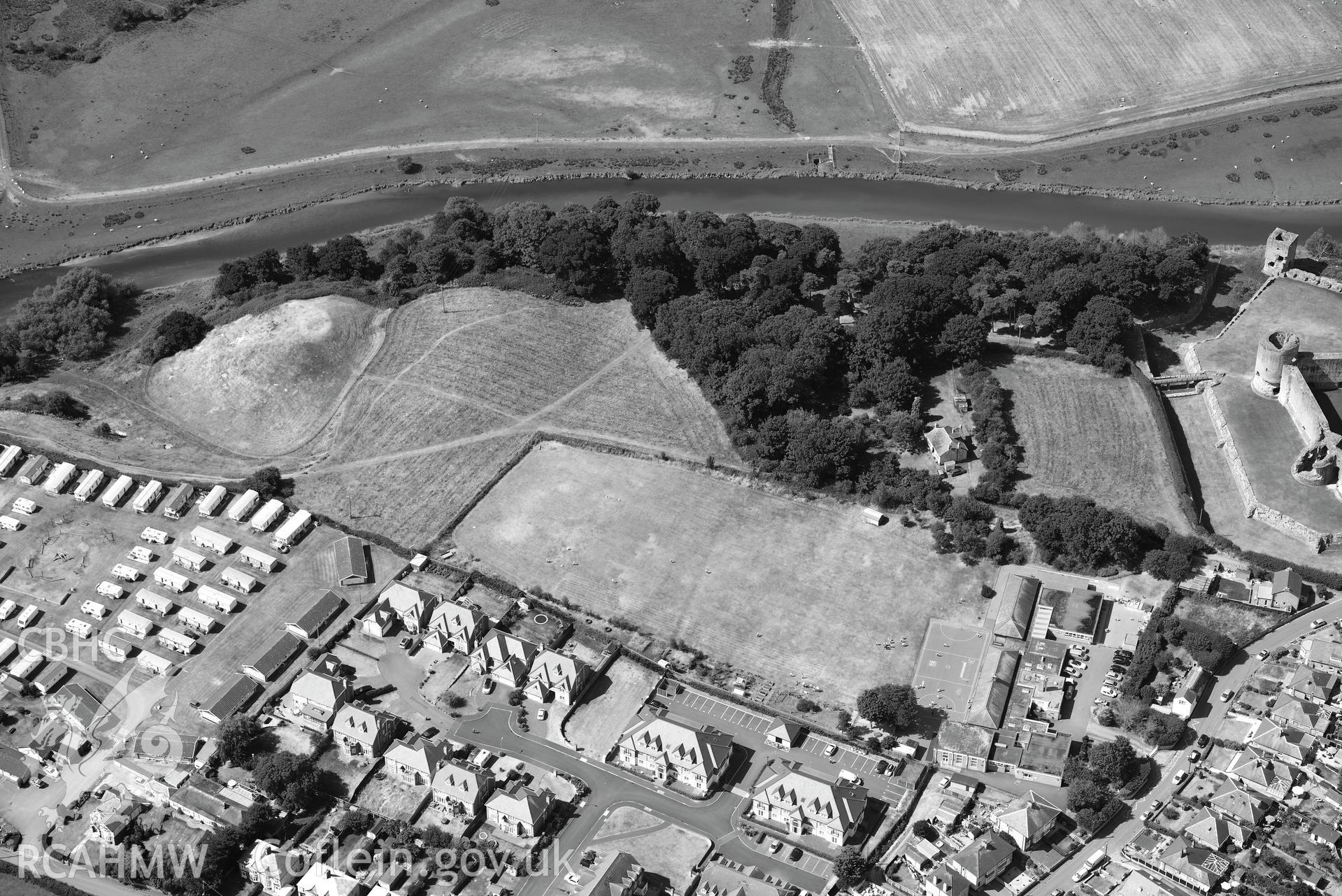 Royal Commission aerial photography of Twt Hill, with parchmarks showing traces of a masonry tower on the summit of the motte, taken on 19th July 2018 during the 2018 drought.