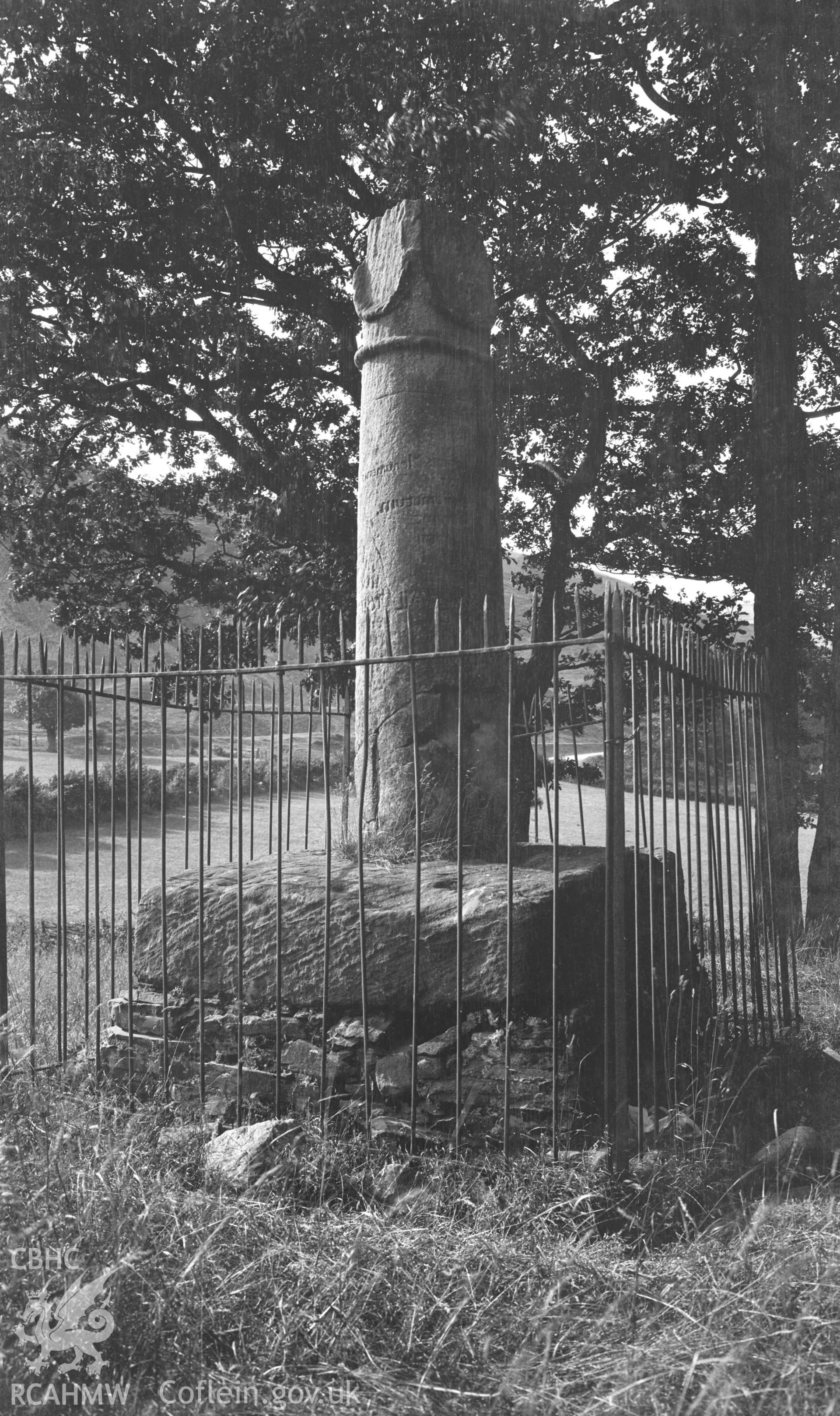 Digital copy of a nitrate negative showing view of Eliseg's Pillar taken by Leonard Monroe, undated.