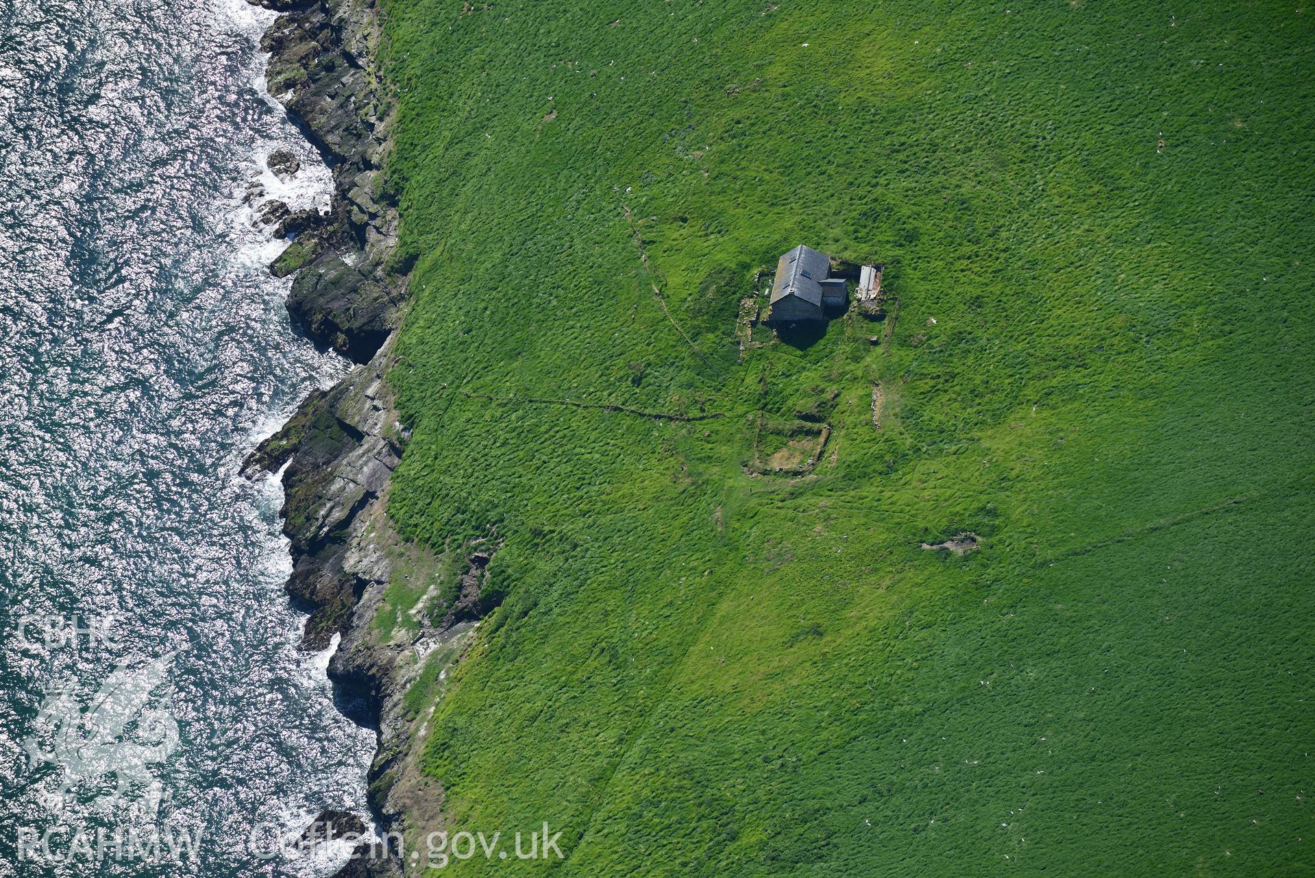 Aerial photography of St Tudwal's Island East taken on 3rd May 2017.  Baseline aerial reconnaissance survey for the CHERISH Project. ? Crown: CHERISH PROJECT 2017. Produced with EU funds through the Ireland Wales Co-operation Programme 2014-2020. All material made freely available through the Open Government Licence.