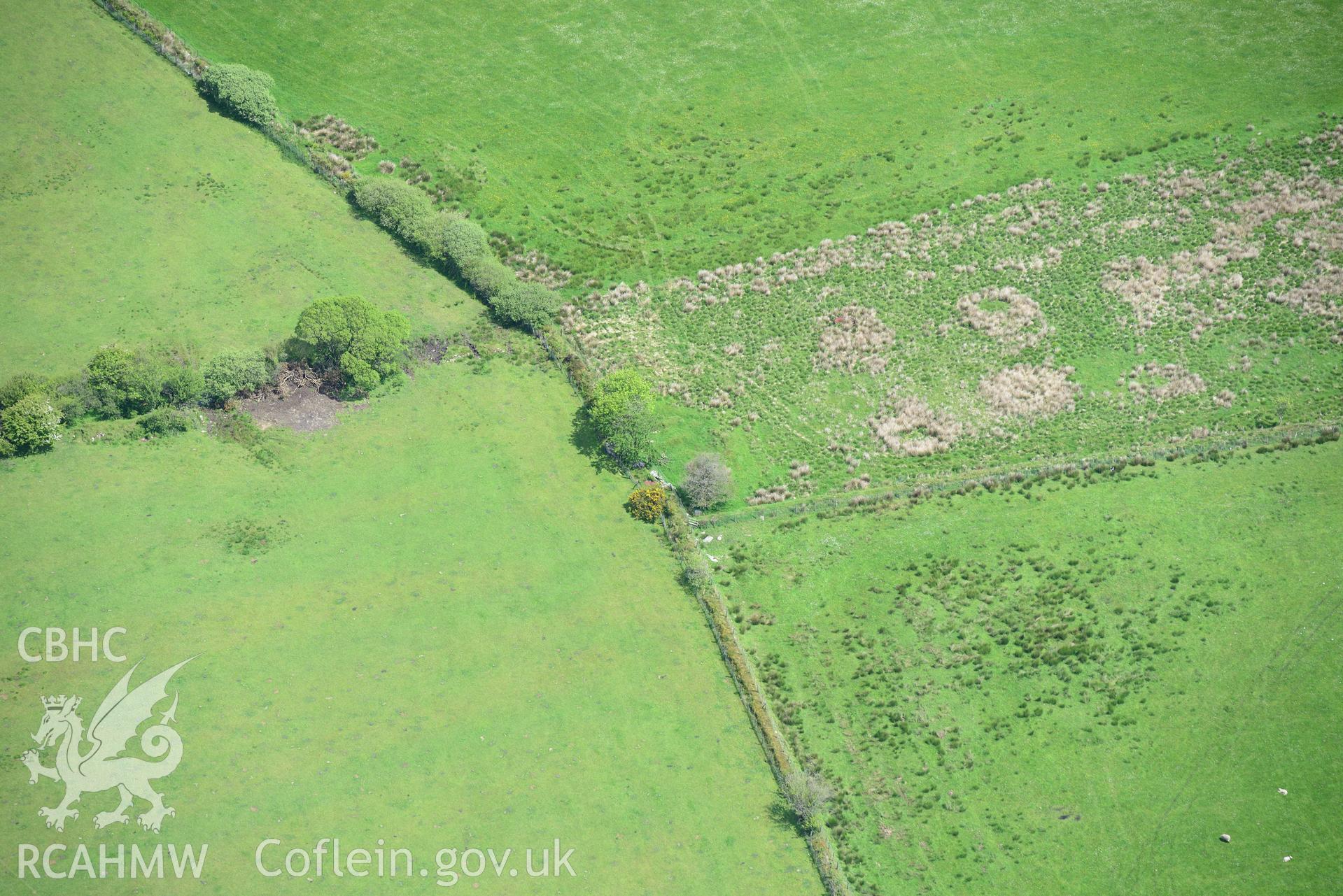 Cerrig Llwydion Chambered Tomb. Oblique aerial photograph taken during the Royal Commission's programme of archaeological aerial reconnaissance by Toby Driver on 3rd June 2015.