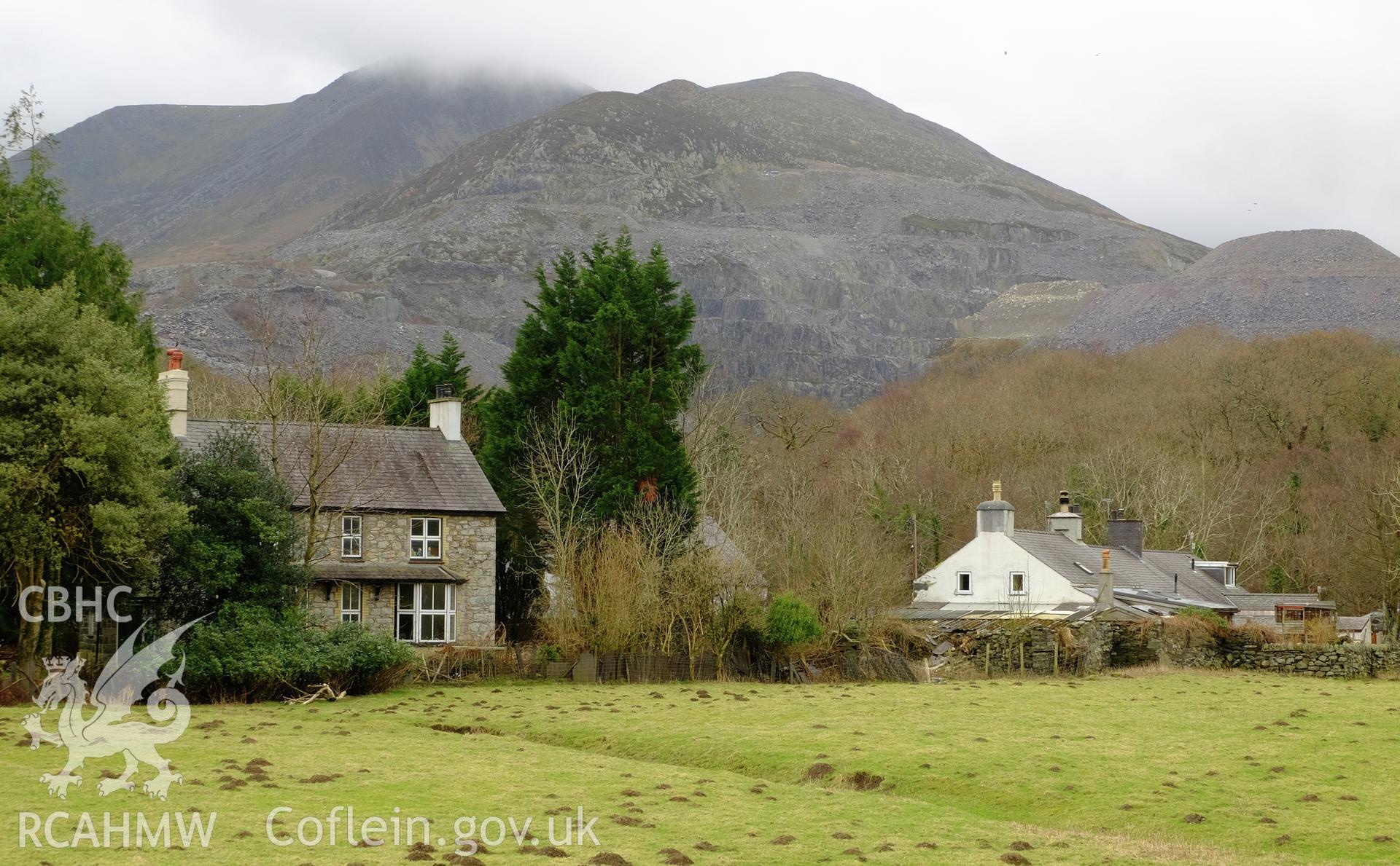 Colour photograph showing view looking south at Ty'n Twr, Bethesda, produced by Richard Hayman 16th February 2017