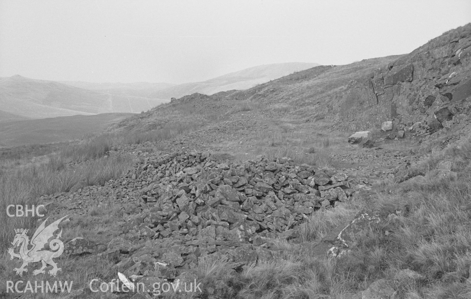 Digital copy of black & white negative showing view back along Plynlimon & Hafan Tramway from terminus on north west side of Carn Owen or Cerrig yr Hafan. Photograph by Arthur O. Chater, August 1965, from Grid Ref SN 7327 8891 looking north north east.