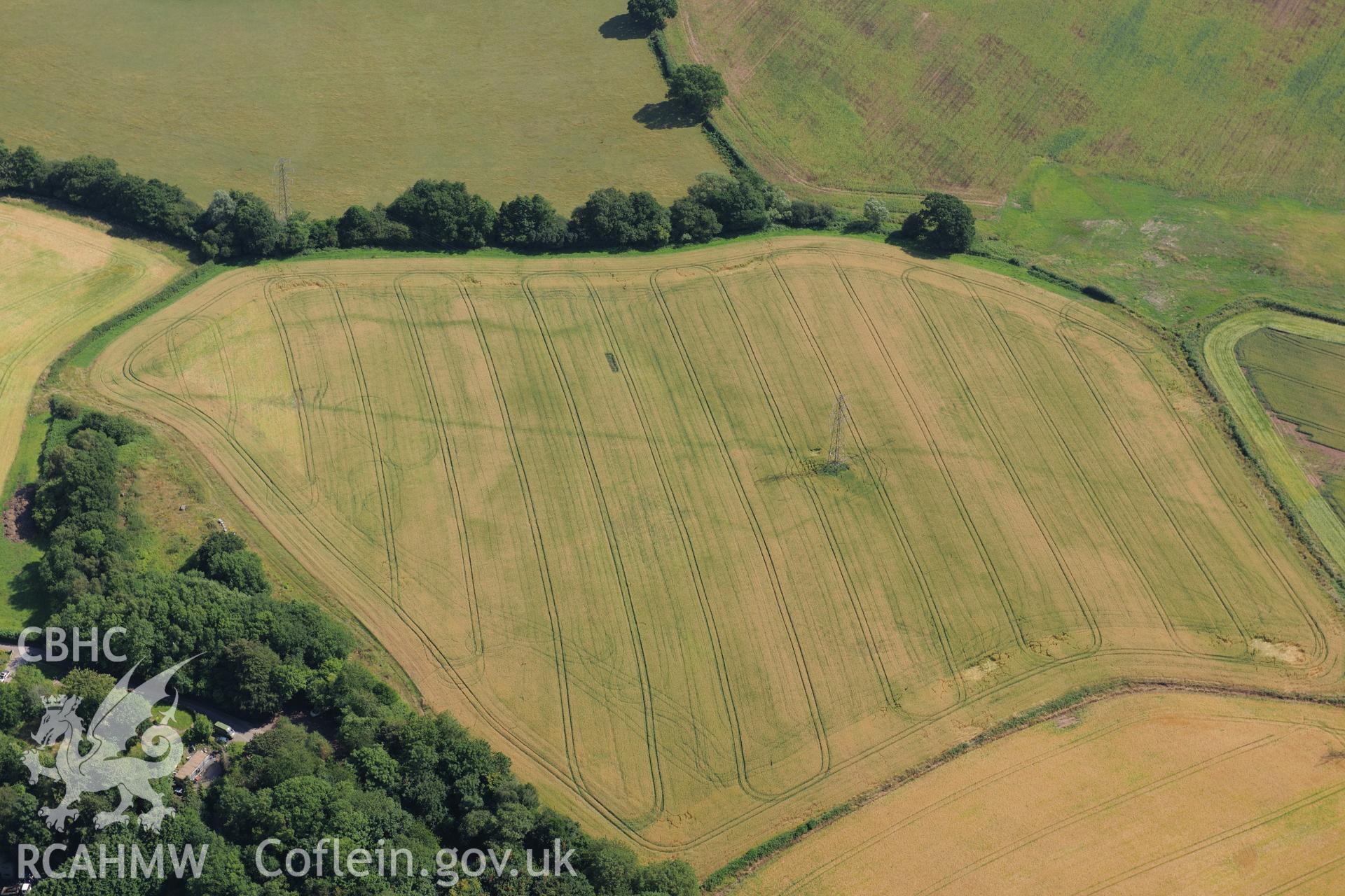 Malthouse Road defended enclosure, between Caerleon and Cwmbran. Oblique aerial photograph taken during the Royal Commission?s programme of archaeological aerial reconnaissance by Toby Driver on 1st August 2013.