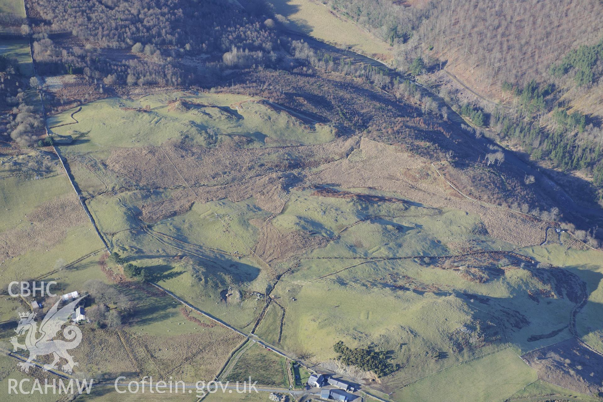 Hafod-y-Gau Isaf farm and Storehouse rabbit warren, Pontrhydygroes. Oblique aerial photograph taken during the Royal Commission's programme of archaeological aerial reconnaissance by Toby Driver on 4th February 2015.