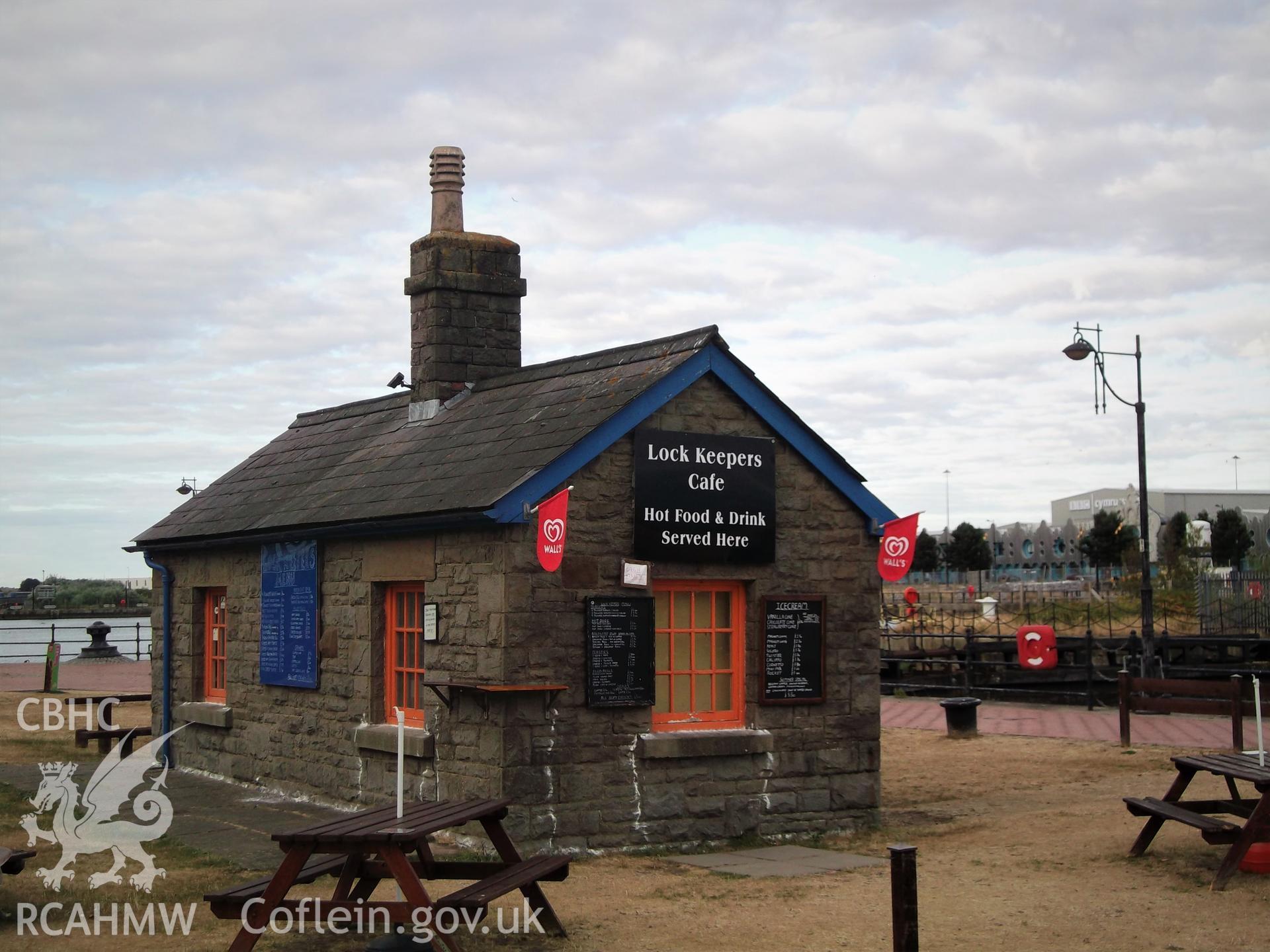 Colour photograph showing exterior of a workmens' hut at Roath Basin, Butetown, Cardiff. Photographed during survey conducted by Adam N. Coward on 17th July 2018.