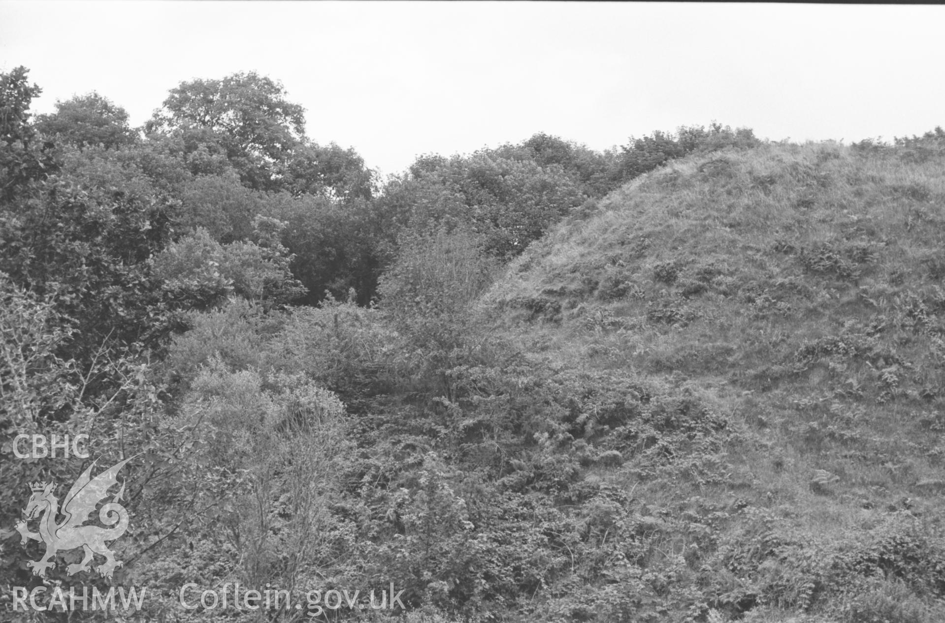 Digital copy of a black and white negative showing Blaenporth castle with Norman motte and bailey. Photographed in August 1963 by Arthur O. Chater from Grid Reference SN 2662 4888, looking south south east. (Panorama, photograph 1 of 2, duplicate).