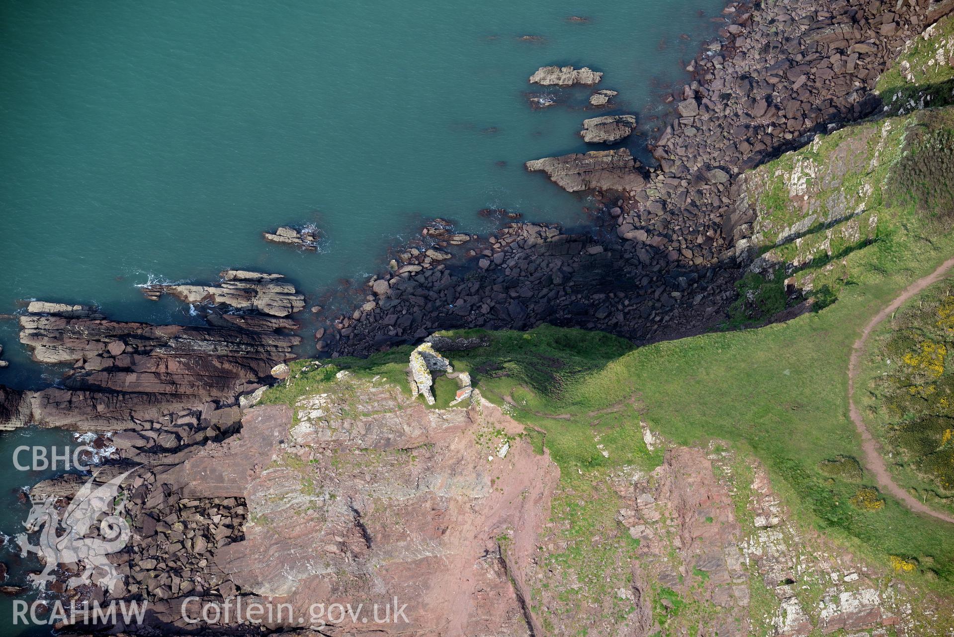 Aerial photography of East Blockhouse taken on 27th March 2017. Baseline aerial reconnaissance survey for the CHERISH Project. ? Crown: CHERISH PROJECT 2019. Produced with EU funds through the Ireland Wales Co-operation Programme 2014-2020. All material made freely available through the Open Government Licence.