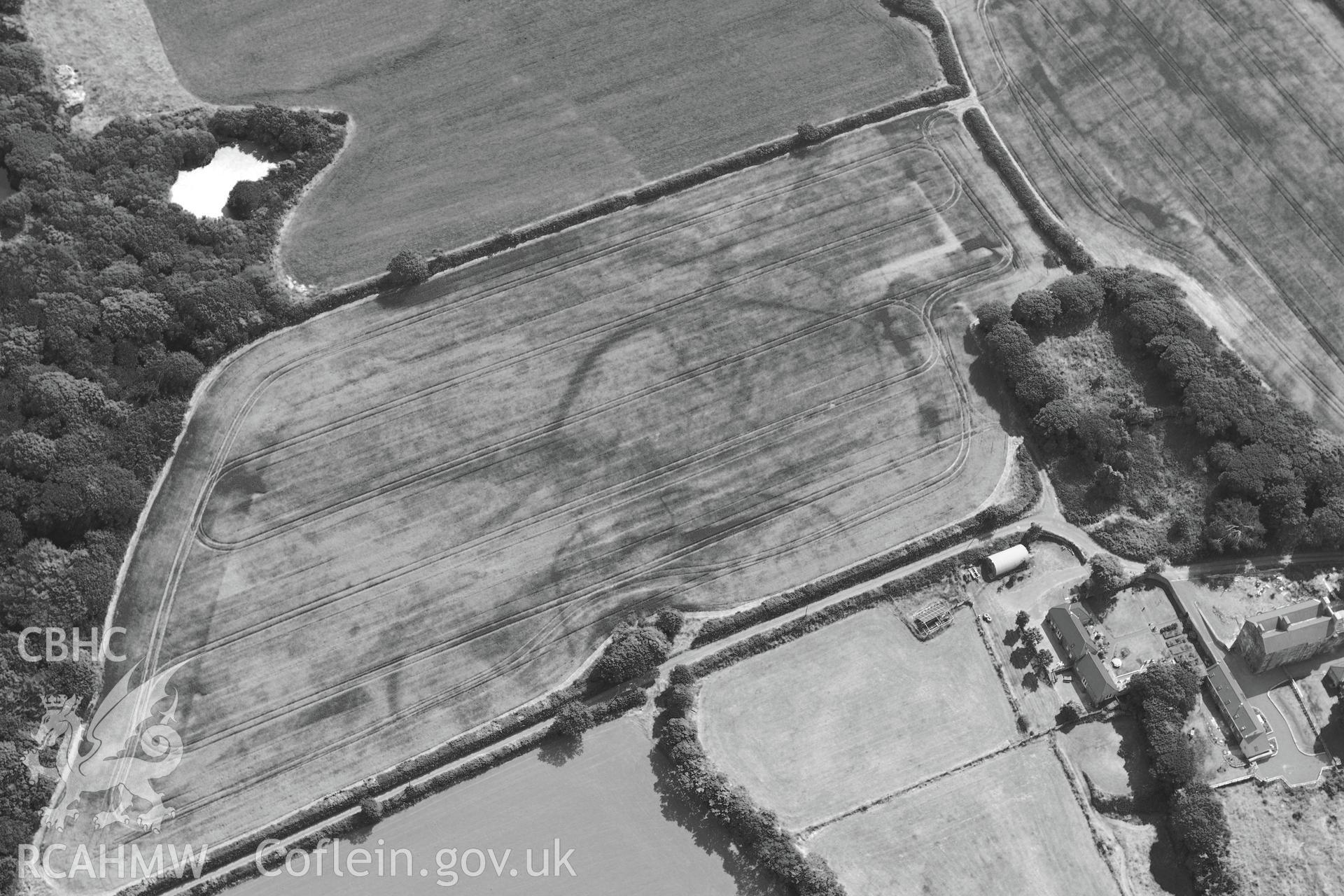 Butterhill farm with cropmarks east south south of the main farm buildings, near St Ishmaels. Oblique aerial photograph taken during the Royal Commission?s programme of archaeological aerial reconnaissance by Toby Driver on 16th July 2013.