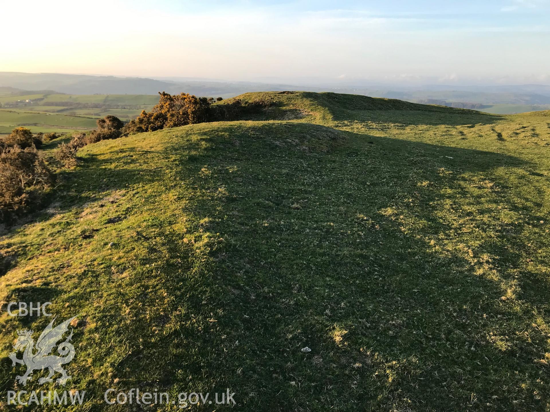 Colour photograph of Gaer Fawr hillfort, Llanilar, south east of Aberystwyth taken by Paul R. Davis on 27th March 2019.