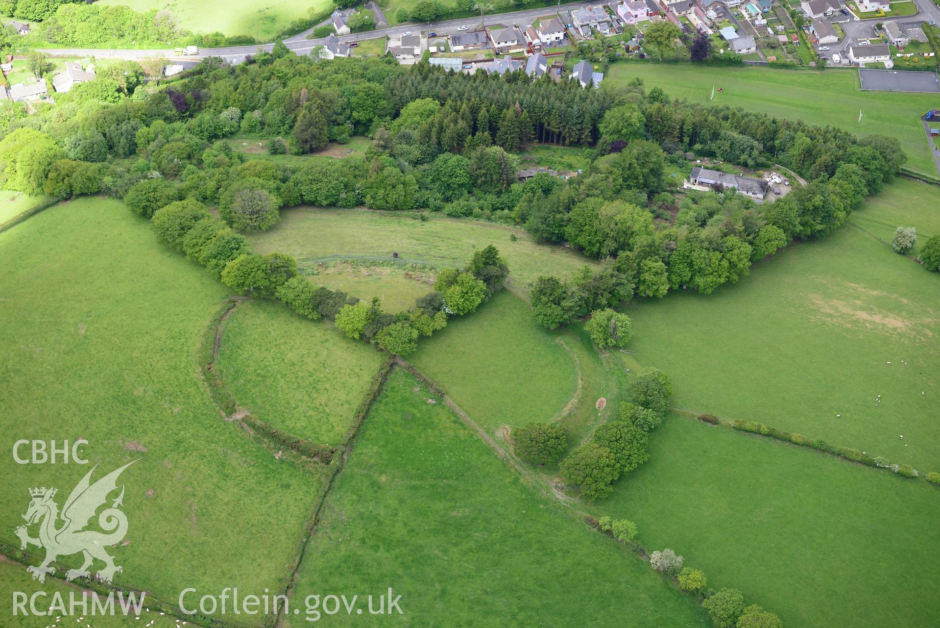 Pen-y-Gaer Hillfort, Llanybydder. Oblique aerial photograph taken during the Royal Commission's programme of archaeological aerial reconnaissance by Toby Driver on 3rd June 2015.