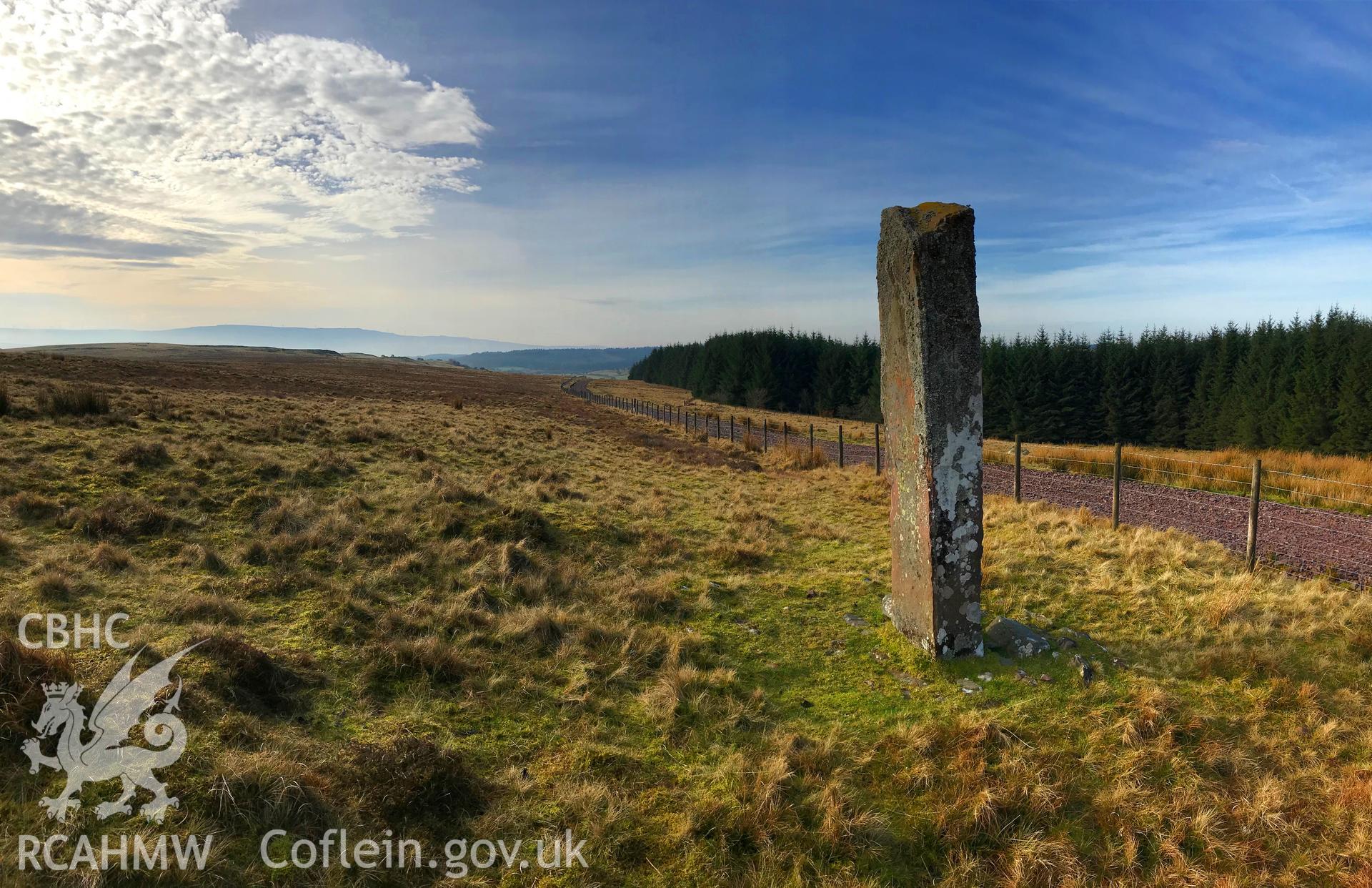 Colour photograph of Maen Madoc inscribed stone and roman road, in the Brecon Beacons north west of Merthyr Tydfil, taken by Paul R. Davis on 22nd February 2019.